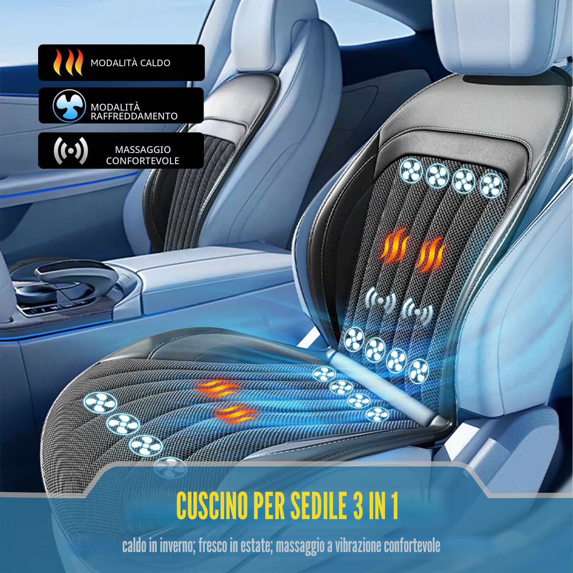 Fodera per Sedile Auto con Raffreddamento, Cuscino Sedile Auto Estivo, Fodera Sedile Auto Ventilata con Massaggio e 16 Ventilatori, Raffreddatore Sedile Anteriore per Veicolo 12V 3-In-1 (Nero