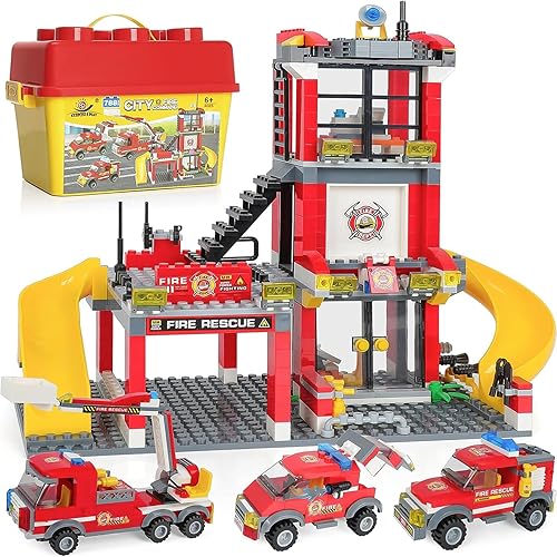 Miniatura 1 de Kit de construcción de estación de bomberos de ciudad, bloques de construcción urbana con camión de bomberos, juego de juguetes de rescate de