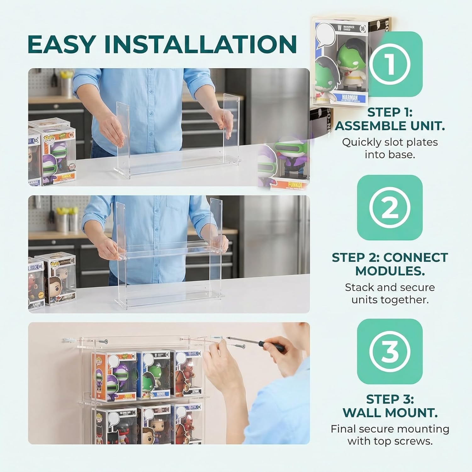 2 Pack Acrylic Floating Display Shelves, Wall Mounted, Fits 21 in-Box Collectibles, Stackable Action Figure Stand, Easy Install - 2 Screws Per Shelf, Clear Collectibles Display Case