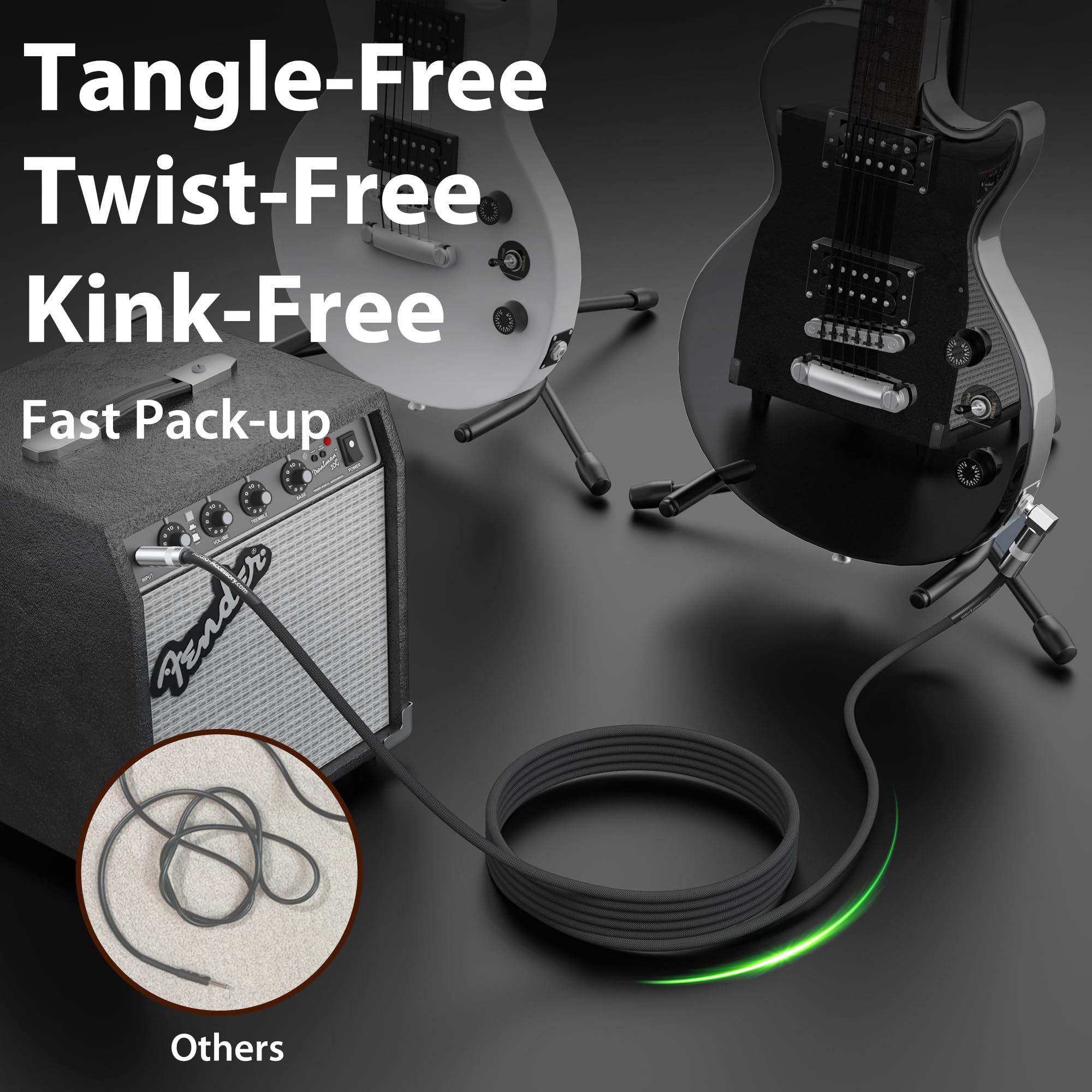 AA AUDIO ACCESSORY Cable de instrumento de 1/4 de 30 pies, 20 AWG, 99.99% OFC, imprescindible para cable largo de guitarra, nailon trenzado antitorceduras, reforzado con Kevlar, cable de amplificador