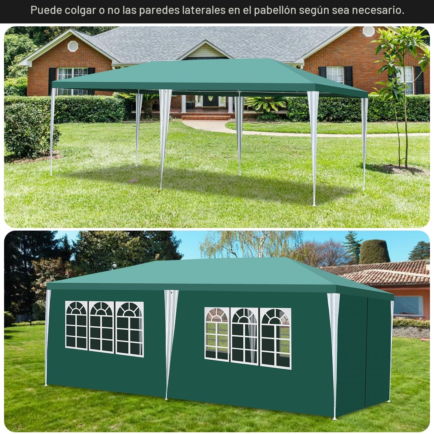 Daromigo Cenador impermeable de 3 x 6 m, color verde, para fiestas, protección UV, con paneles laterales y grandes ventanales, estable, resistente al invierno, para bodas, exteriores, jardín, fiestas