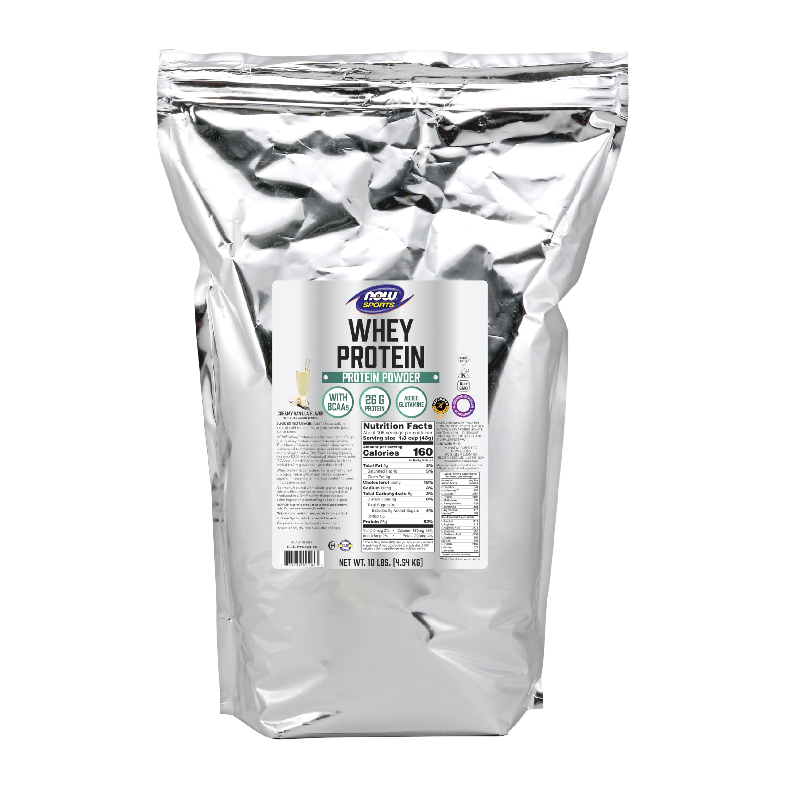 NOW Foods Sports Nutrition, Whey Protein, 26 G With BCAAs, Creamy Vanilla Powder, 10-Pound
