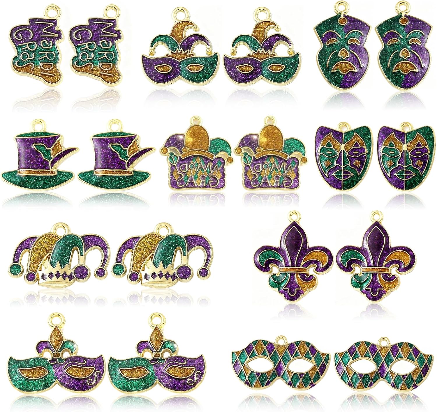 20PCS Mardi Gras Charms for Jewelry Making, Premium Enamel Gold-Plated Pendants, DIY Bracelet Necklace Earring Accessories, Carnival Party Decorations and Craft Supplies