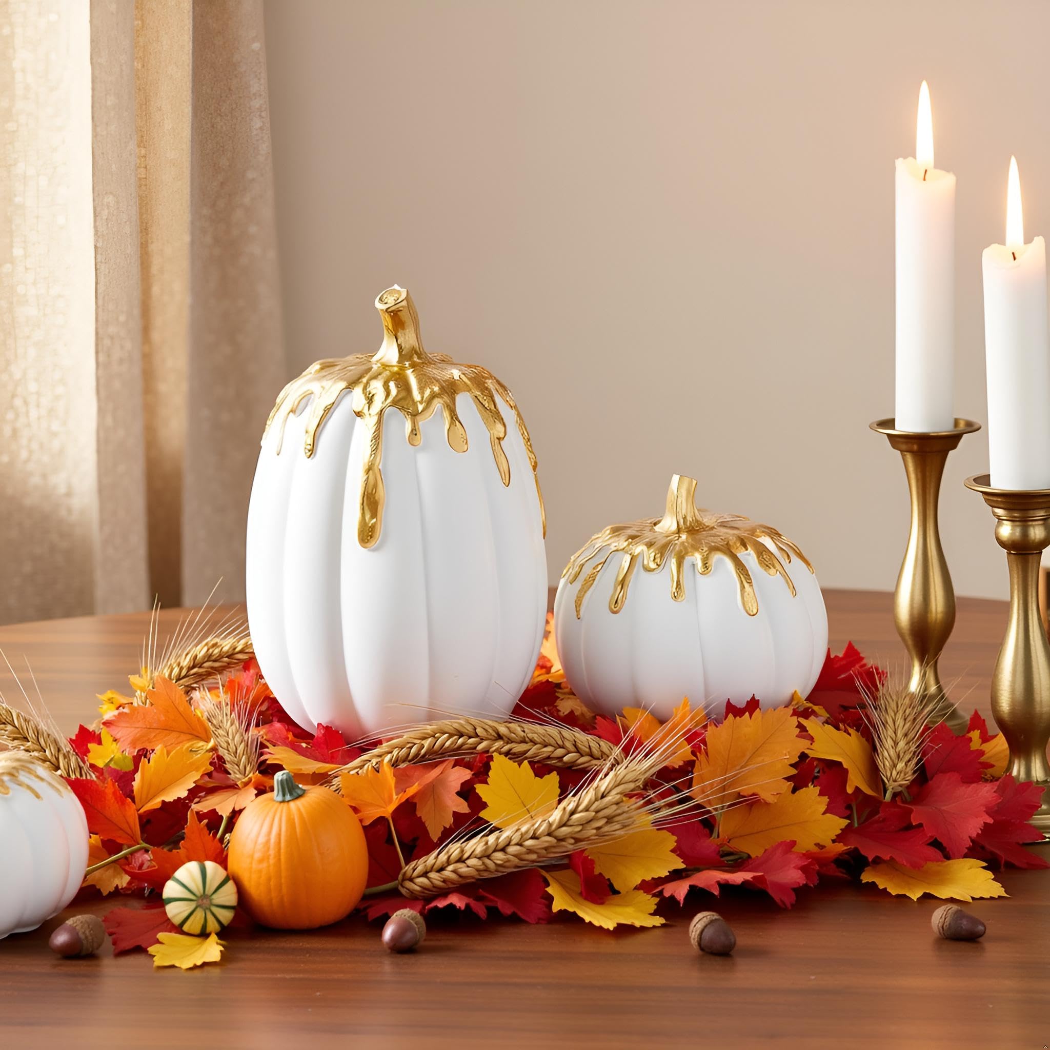 Herbst-Kürbis-Dekoration Aus Harz, 2-teilig, Weiß Mit Goldrand - Für Tisch & Deko