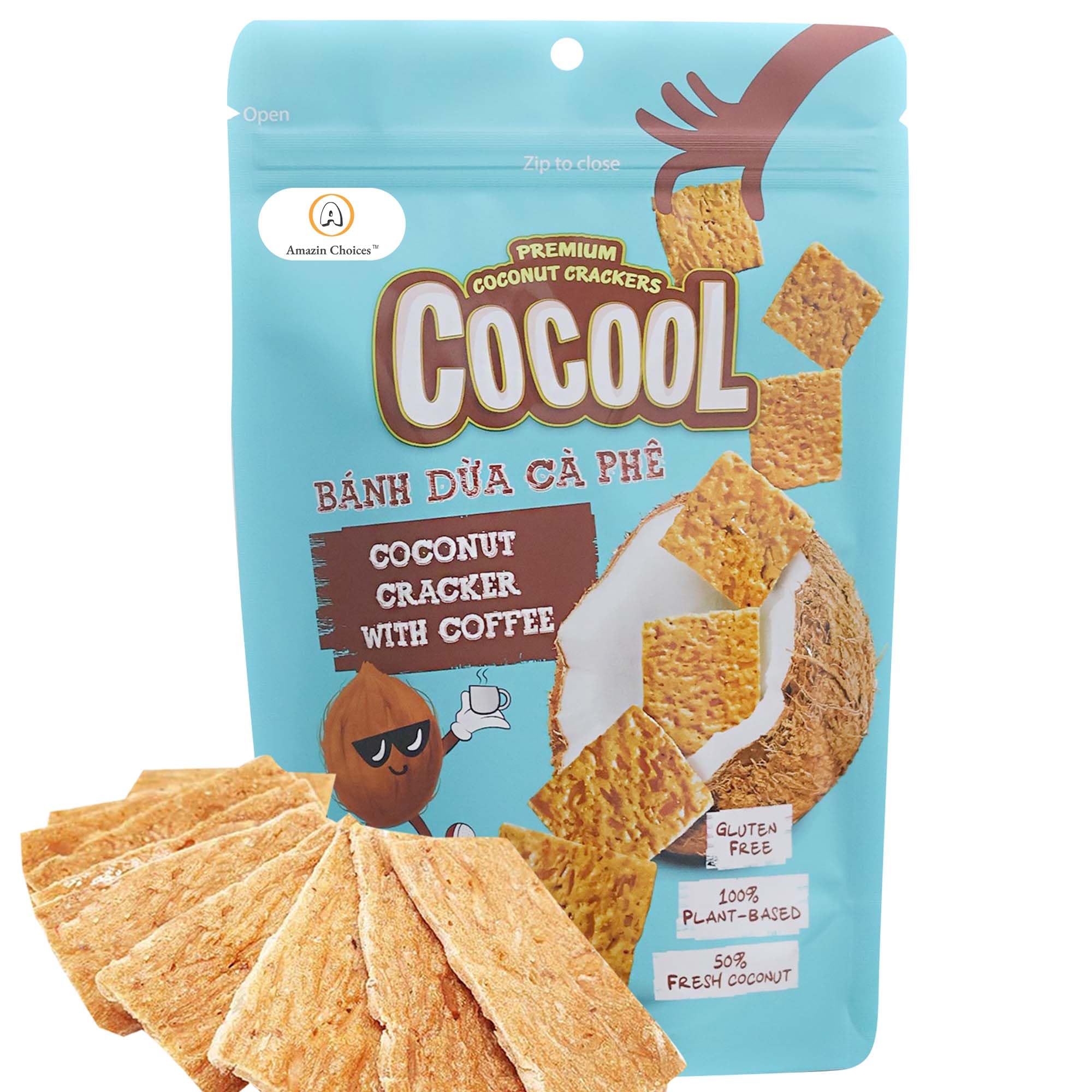 Amazin Choices Coconut Cracker With Coffee - Vegan Friendly, Gluten-Free, No Preservatives, Non-GMO Coconut Crackers, Snack Viet - 2.82oz