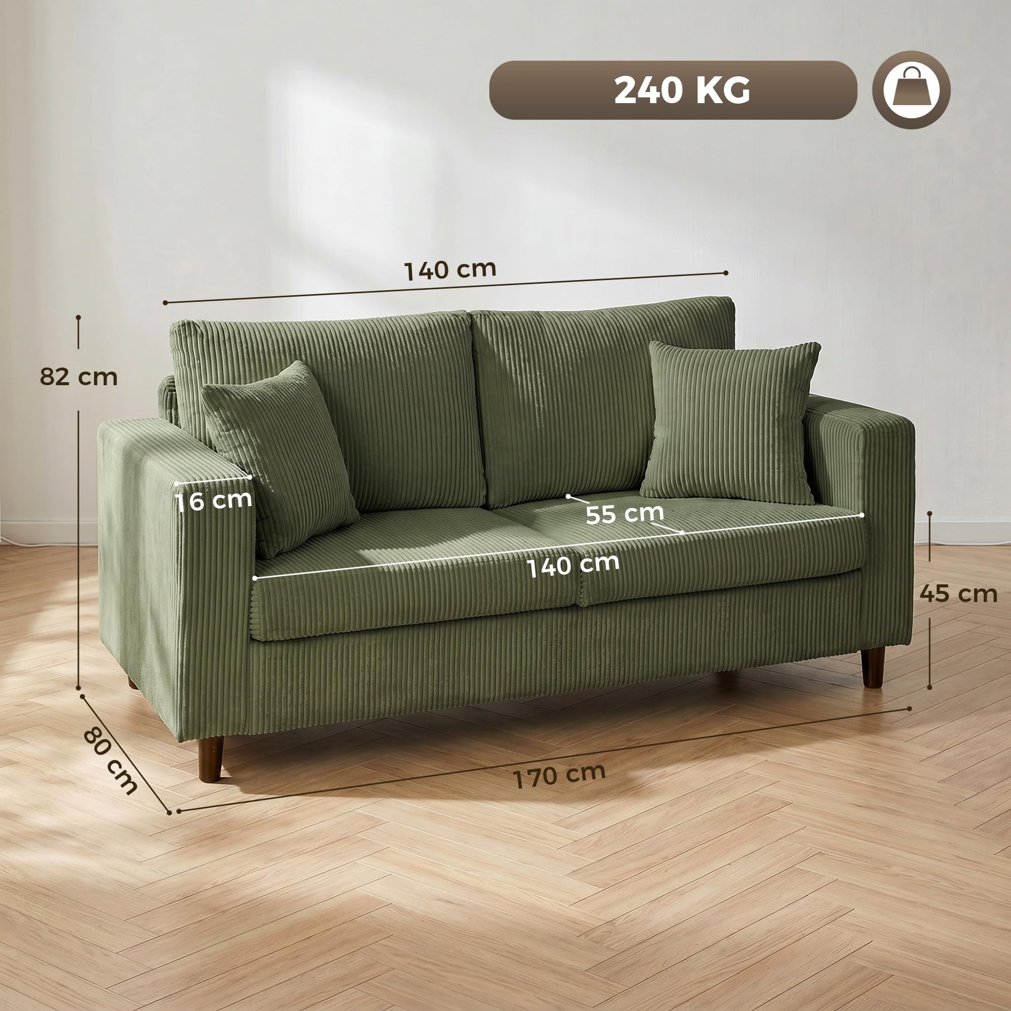 HOMCOM 2-Sitzer-Sofa Bequemes Cordsofa mit Breiten Armlehnen 170 cm Grün
