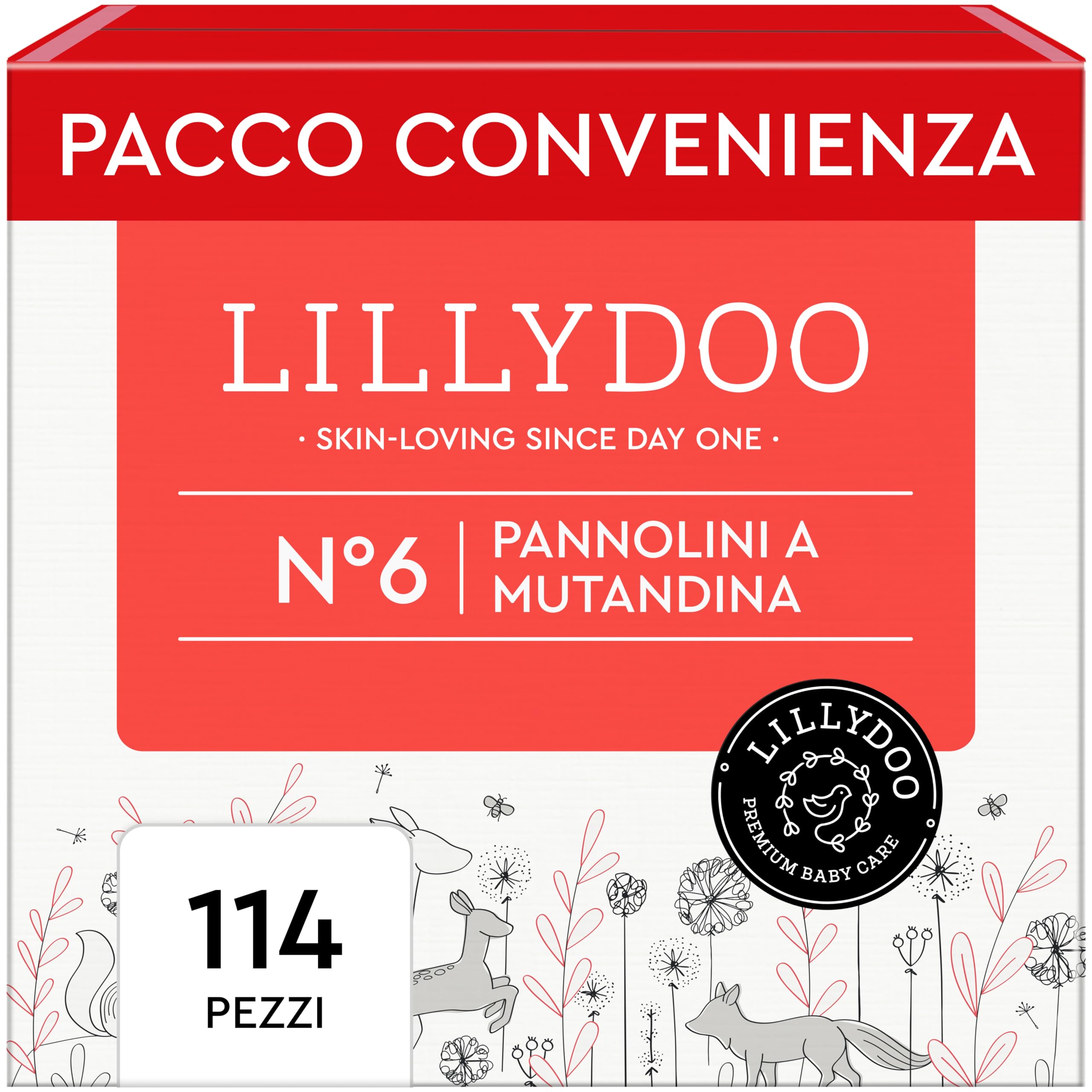 Pannolini a mutandina LILLYDOO - Taglia 6 (13+ kg), pacco scorta (114 unità),nuove tasche pipì e pupù, massima protezione, 0% profumi e lozioni, ideali per pelli sensibili, dermatologicamente testati