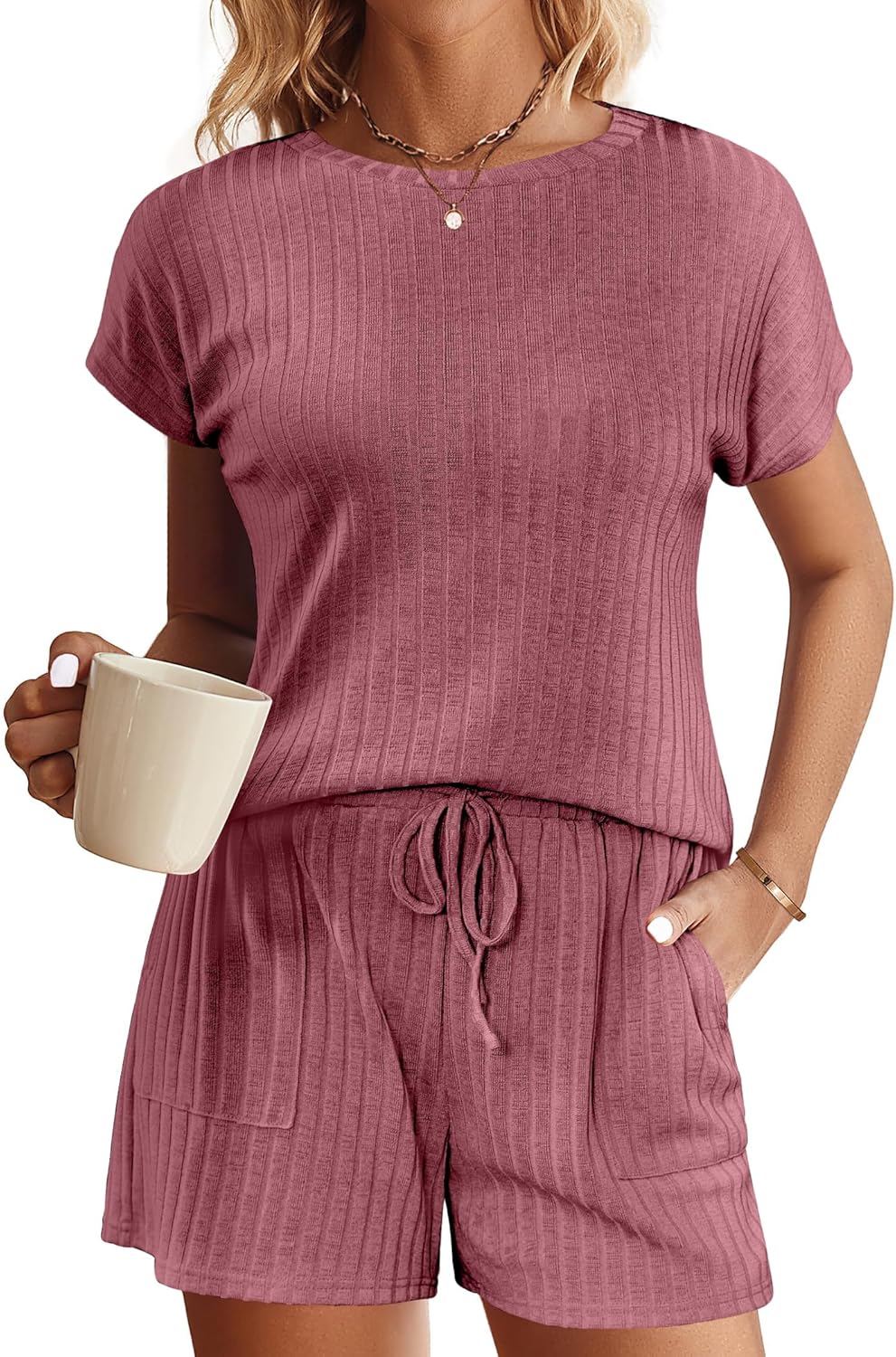 Ekouaer Pajamas Set for Women 2 Piece Pjs Ribbed Knit Lounge Set Cap Sleeve Loungewear Sleepwear S-XXL