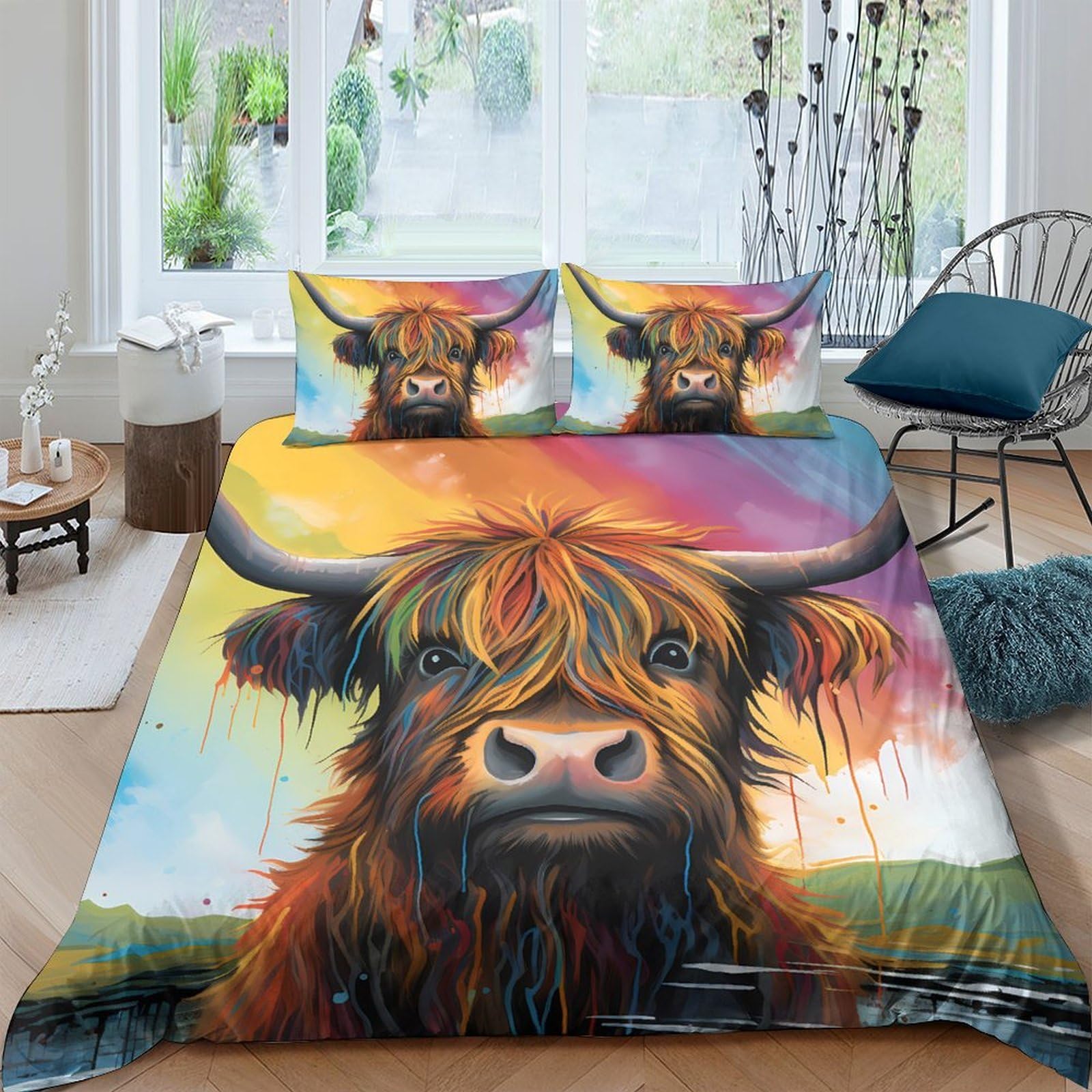 GPLZQXKJNH 3D Printed Highland Cow Duvet Cover Microfiber Soft Vibrant Scottish Cattle Bedding Set with 2 Pillowcases for Bedroom Decor Single（135x200cm）