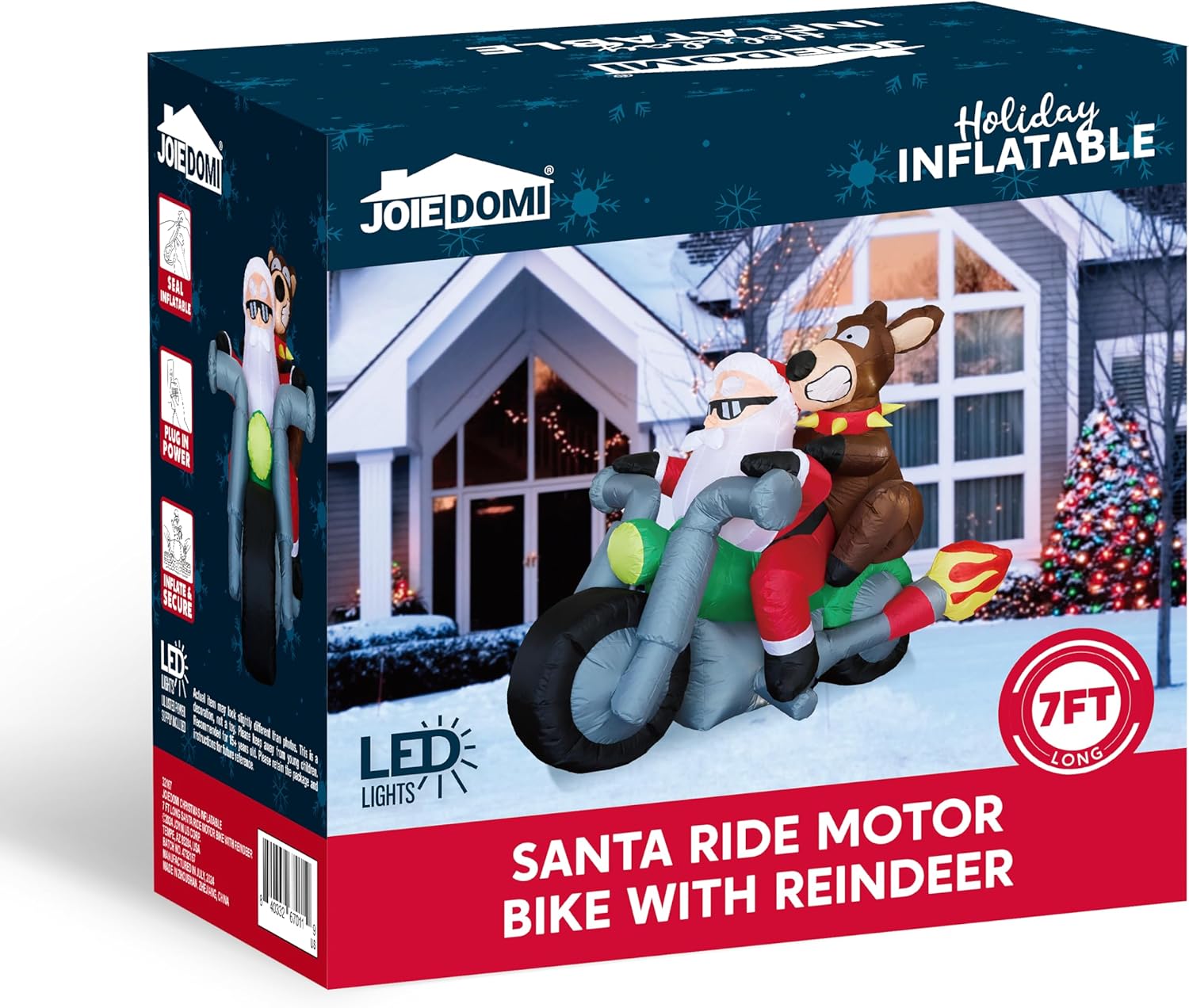 JOIEDOMI 7 FT Long Christmas Inflatables Outdoor Decorations, Inflatable Santa Riding Motorcycle with Reindeer, Blow Up Yard Decoration with Build-in LED for Xmas Party Outdoor Yard Garden Lawn Décor