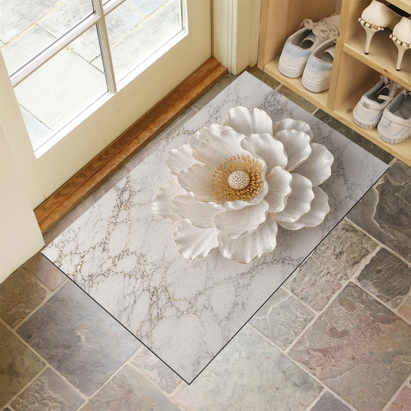 Felpudo Ultrafino Para Interiores, 80X120Cm, Relieve Floral De Lujo En 3D Alfombra Antideslizante Lavable Para Entrada, Grieta Elegante De Mármol Felpudo De Perfil Bajo, Atrapa Suciedad, Beige