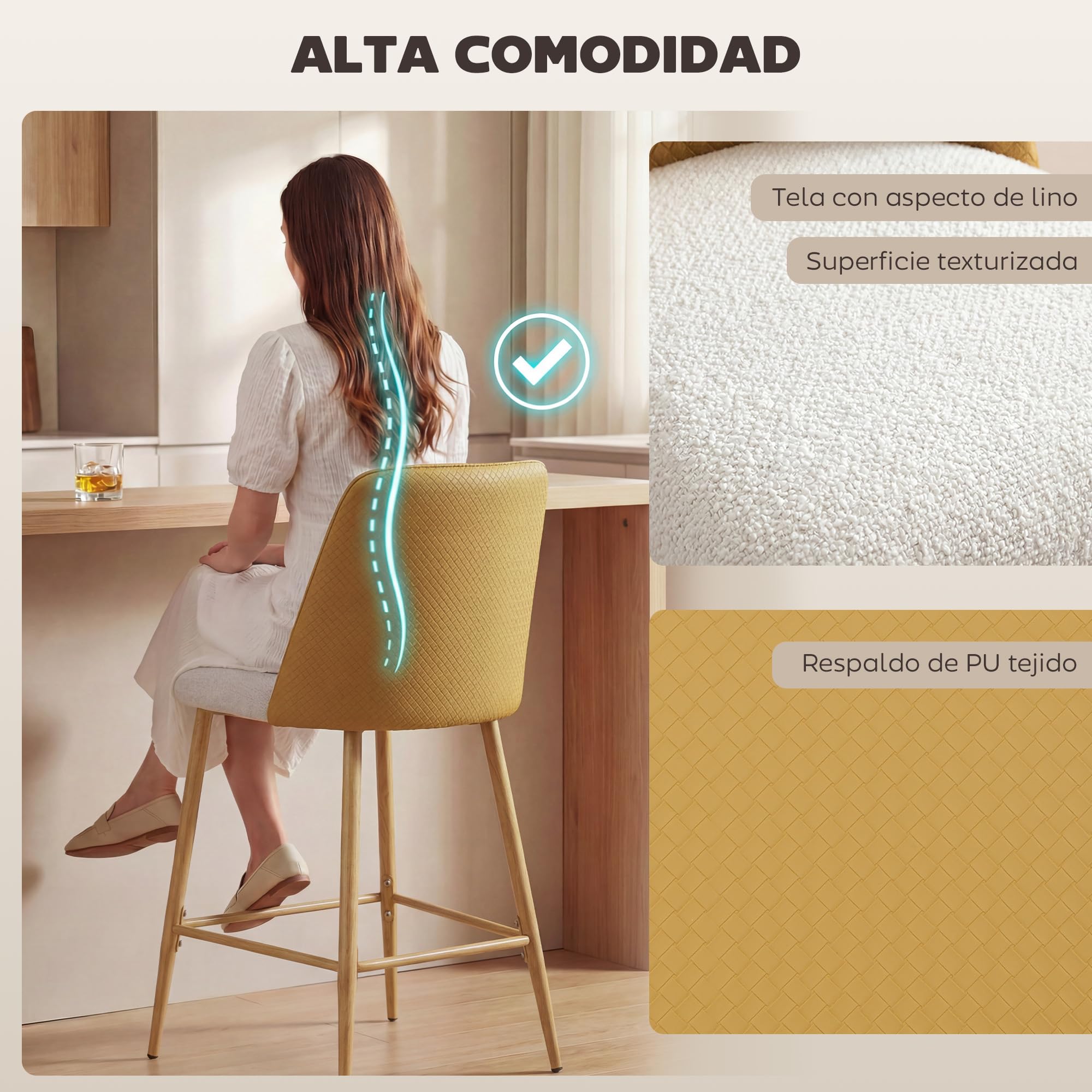 HOMCOM Juego de 2 Taburetes de Bar con Respaldo, Reposapiés Marrón | Taburetes Altos de Cocina, Respaldo Efecto Tejido con Lino Cepillado y PU, Marco de Acero, Asiento de 65 cm de Altura