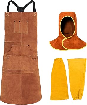 Leather Welding Apron with Welding Sleeves + Welding Hood - Heat & Flame Protection - Adustable M to L for Men & Women