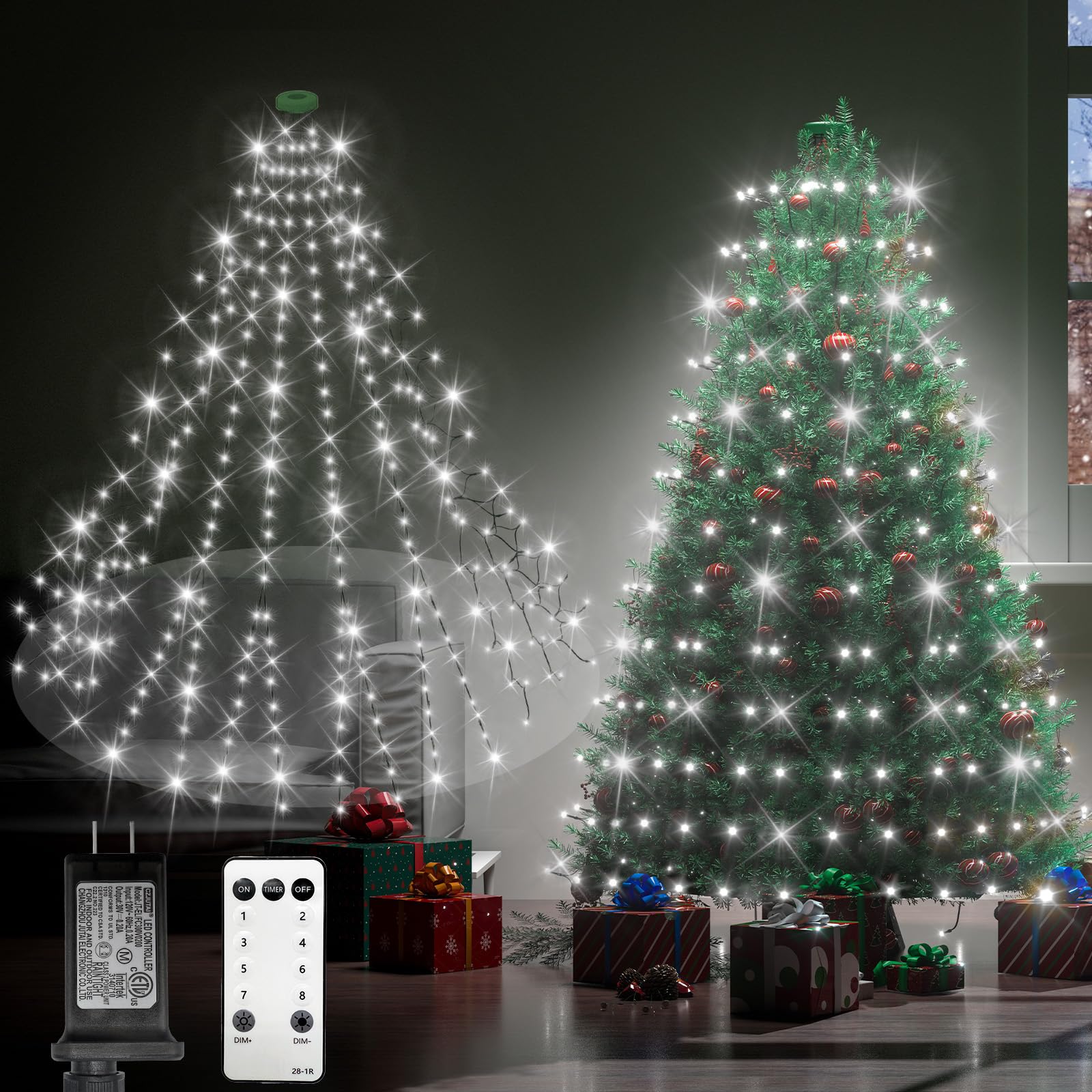 Lurious Christmas Tree Lights,644Leds 9.9Ft 14 Lines Forked Christmas Lights with 8 Modes and Timer,Dimmable Cascading Christmas Tree Lights Outdoor