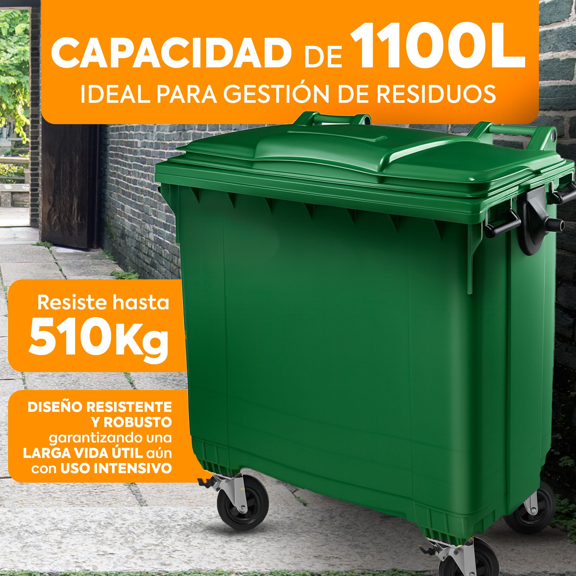 Contenedor Basura 1100 Litros Verde | Ruedas y Resistente