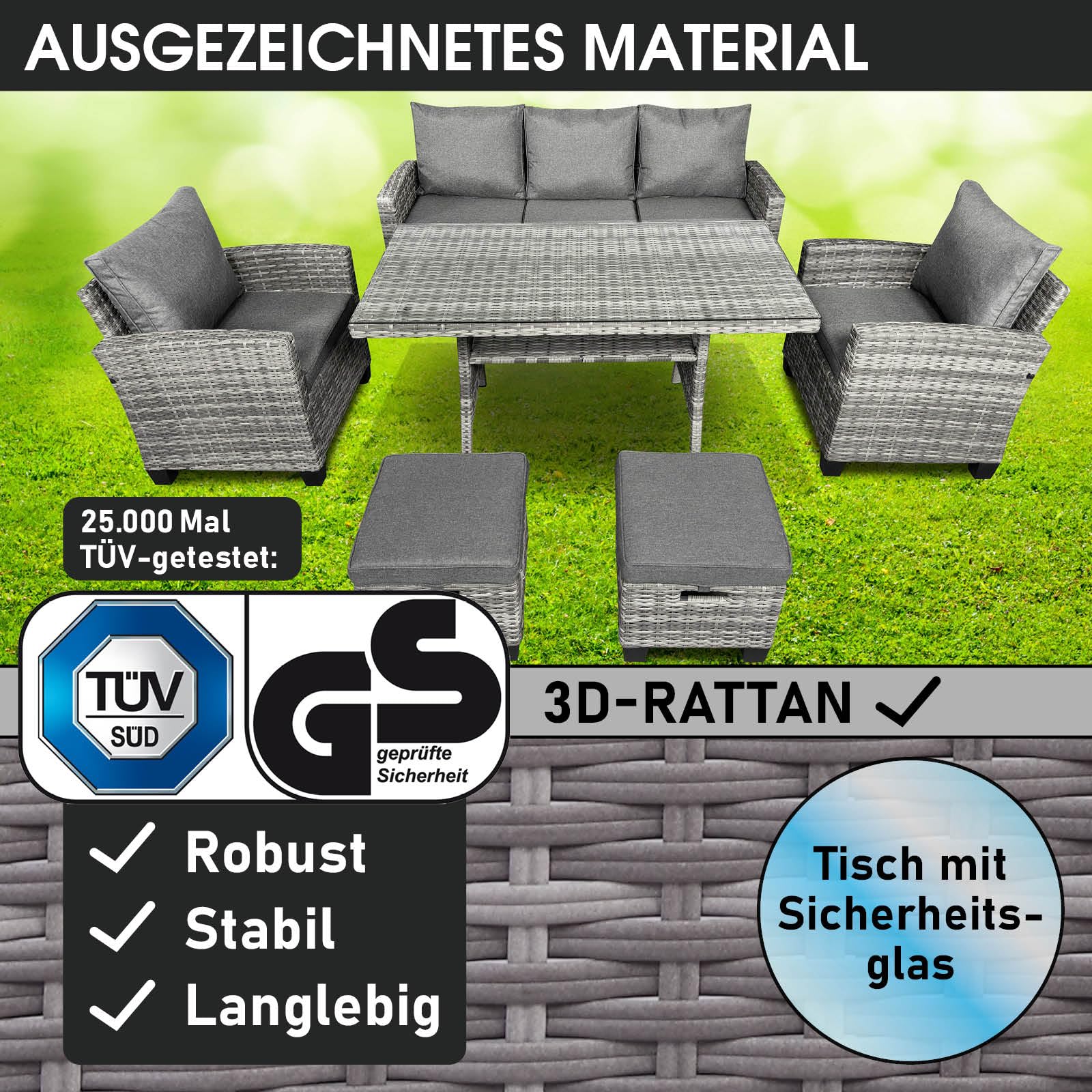 BRAST Gartenmöbel Set Delight | bis zu 7 Personen viele Farben | incl. extra Dicke Kissen | TÜV geprüft | Outdoor Loungemöbel Sitzgruppe Essgruppe Garnitur | Grau/Anthrazit