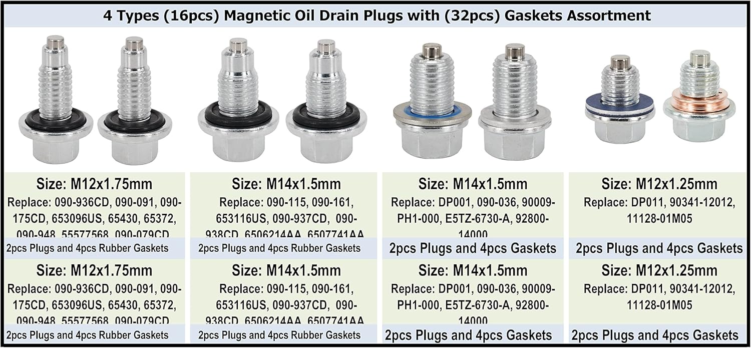 4PCS M12x1.75MM, 4PCS M14x1.5MM, 4PCS M14x1.5MM, 4PCS M12x1.25MM, Magnetic Engine Oil Drain Plug Assortment, fit for Select Models, with 32PCS Gaskets