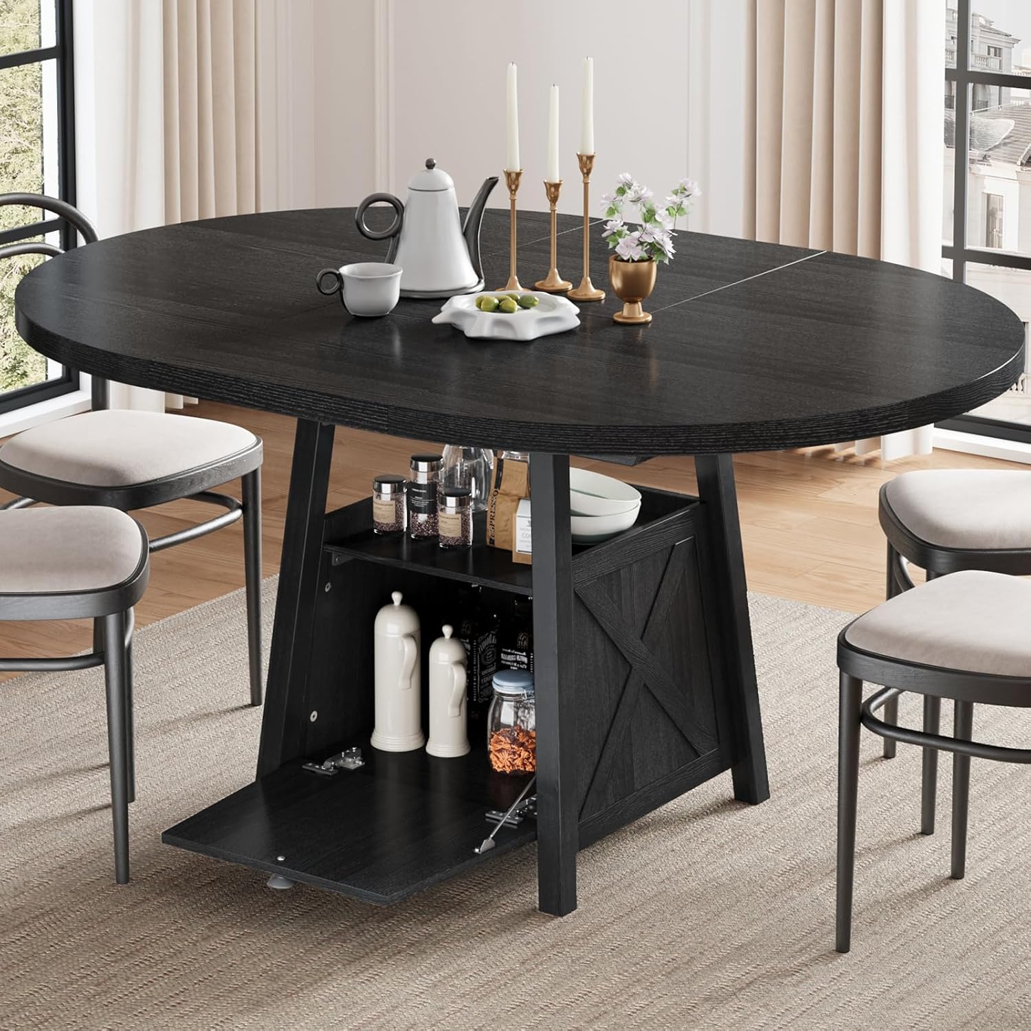43.3"-59" Extendable Round Dining Table with Detachable Extension Plate for 4-8 People; Oval Kitchen Dining Table Equipped with Shelf and Storage Box for Kitchen Living Room (Black)