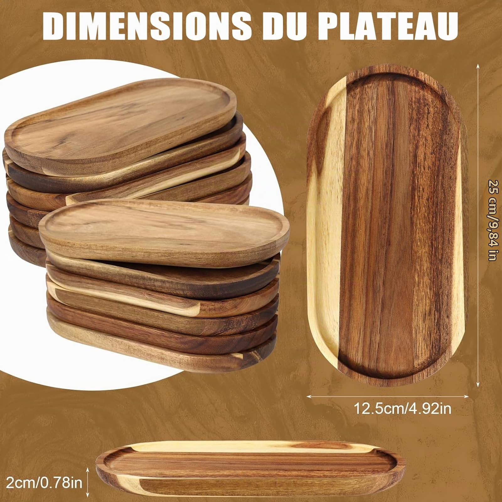 Lot de 12 Plateaux de Service Ovales en Bois d'Acacia, 25 x 12,5 x 2 cm | Planches de Présentation pour Charcuterie, Fromage, Tapas, Café, Apéritif, Buffet, Restaurant, Maison et Réceptions