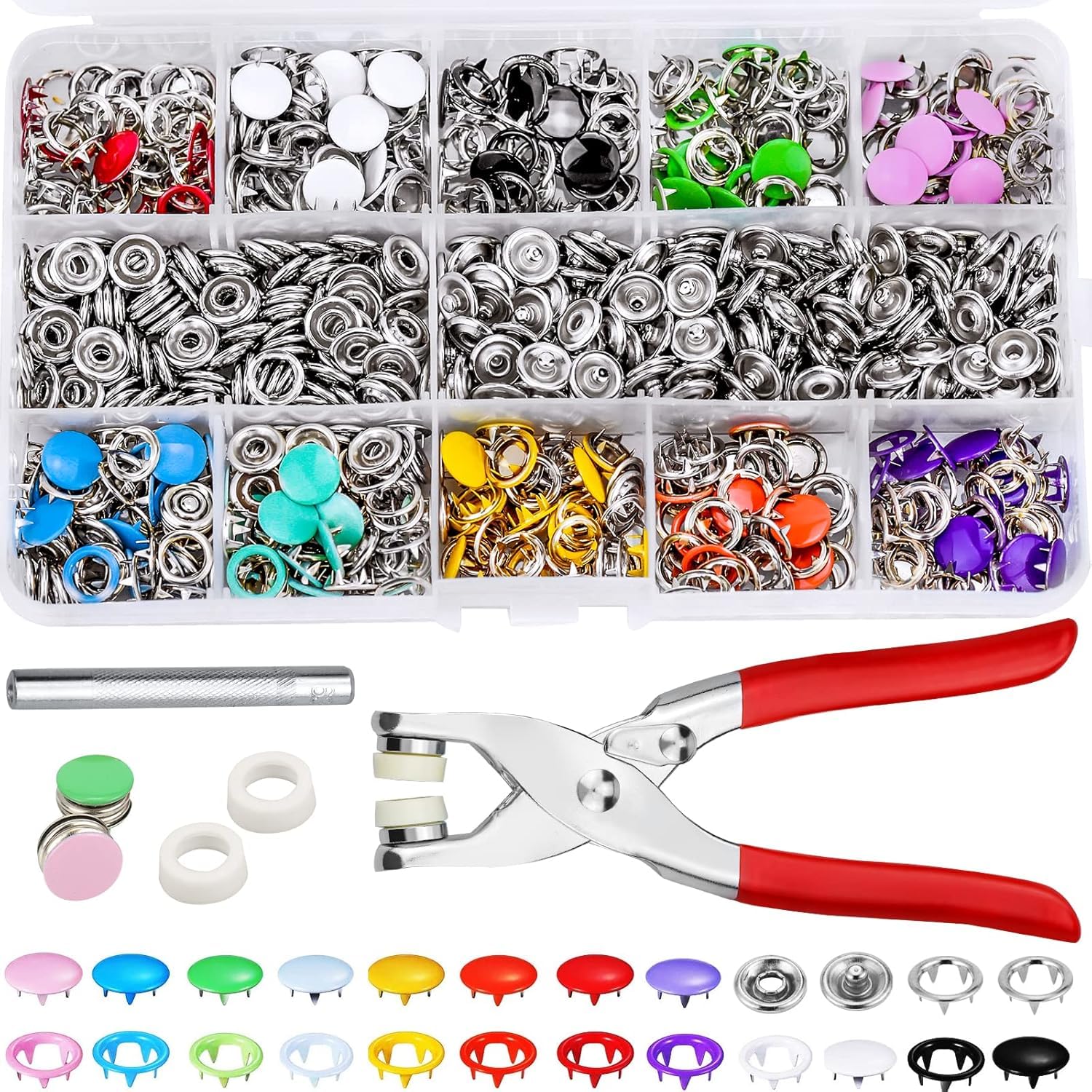 Lot de 200 boutons-pression avec pince - Anneau en métal - 9,5 mm - En jersey - 10 couleurs