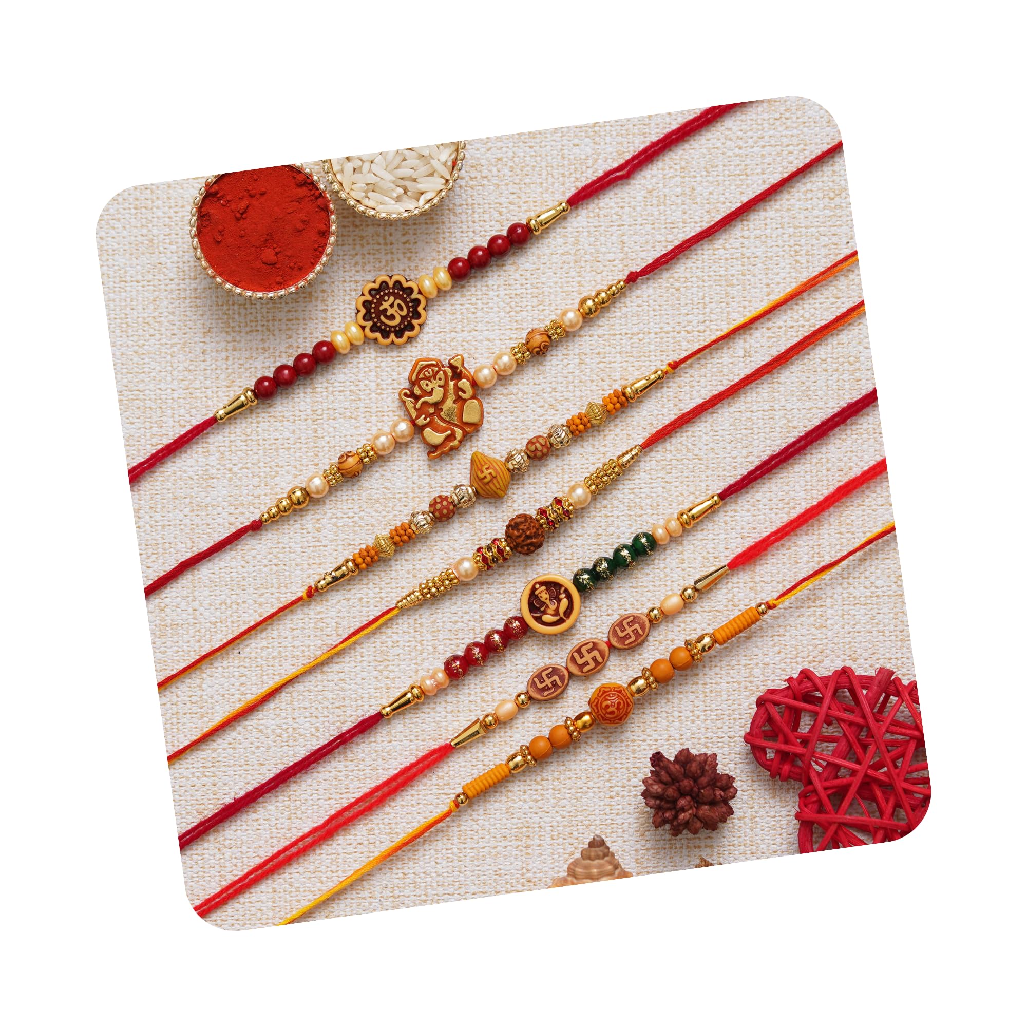 ecraftindia Set of 7 Rakhi Combo Hamper | Multicolor Om Ganesha Swastik Rudraksha Pearls Religious Designer Rakhis | Roli Chawal Pack-picture-2