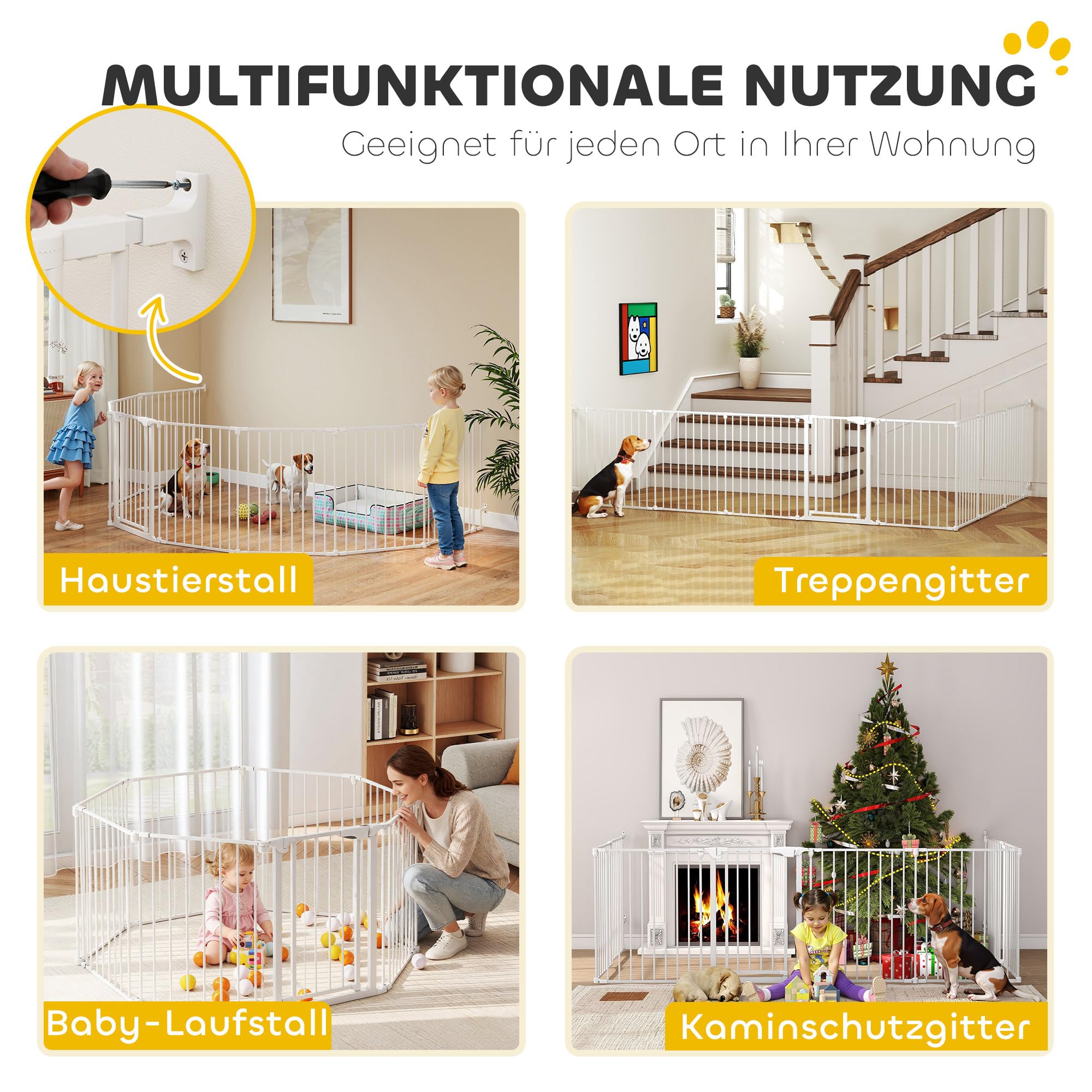 PawHut Welpenauslauf, 8-teilig Welpenlaufstall mit Tür, faltbar Laufstall Baby mit Doppelverriegelungssystem, 61x75cm Hundelaufstall für drinnen und draußen, für Kinder kleine mittelgroße Hunde Weiß