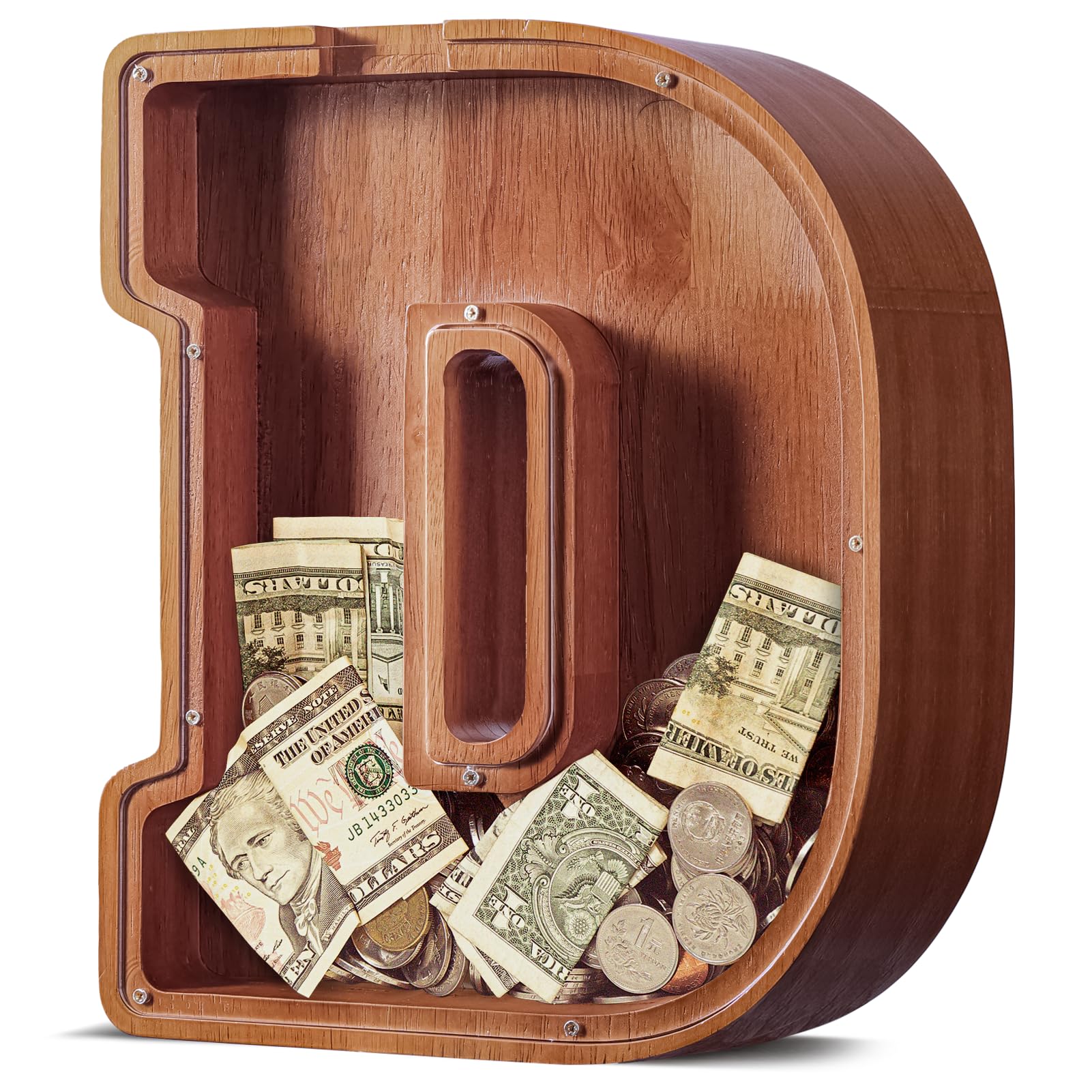 ELX Large Letter Piggy Bank for Kids Boys, Personalized Wooden Money Bank, Safe & Durable Savings Box for Toddlers Girls, Gifts for Birthday Holiday