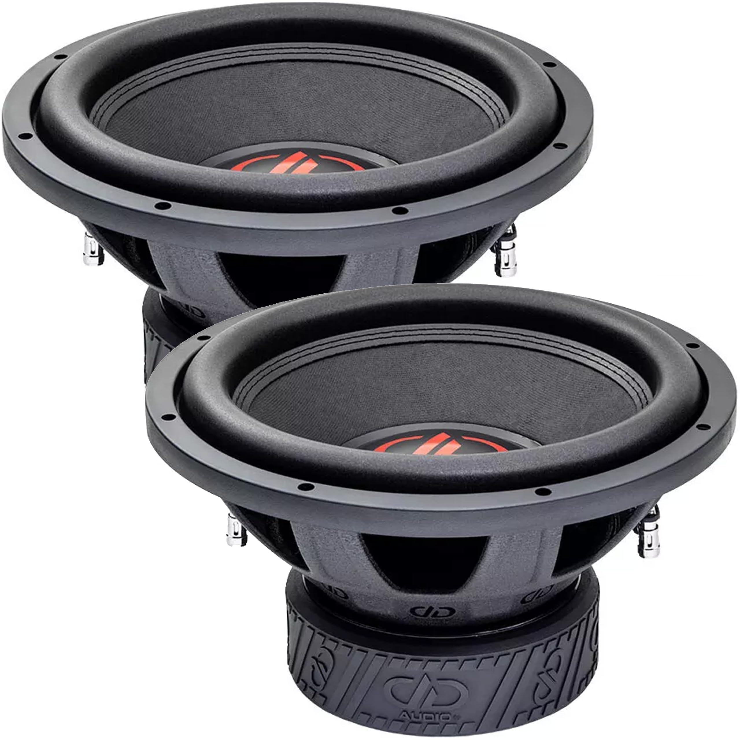 Two DD Audio 512E-D4 12-inch subwoofers, front view, കാണിക്കുകasinകോണും ചുറ്റുപാടും g.
