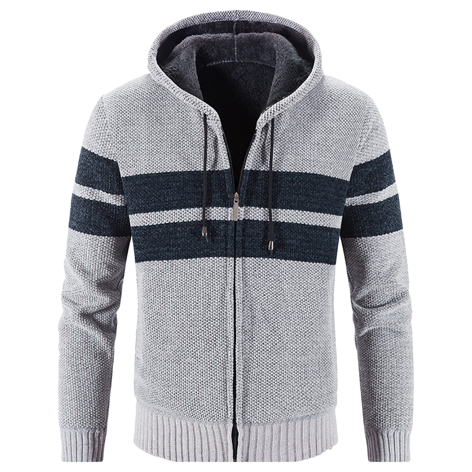 Maiyifu-GJ Men's Sherpa Lined Full Zip Hooded Striped Slim Flannel Hoodies Shirt Jacket Fleece Thick Casual Cardigan Sweater (Light Grey,X-Large)