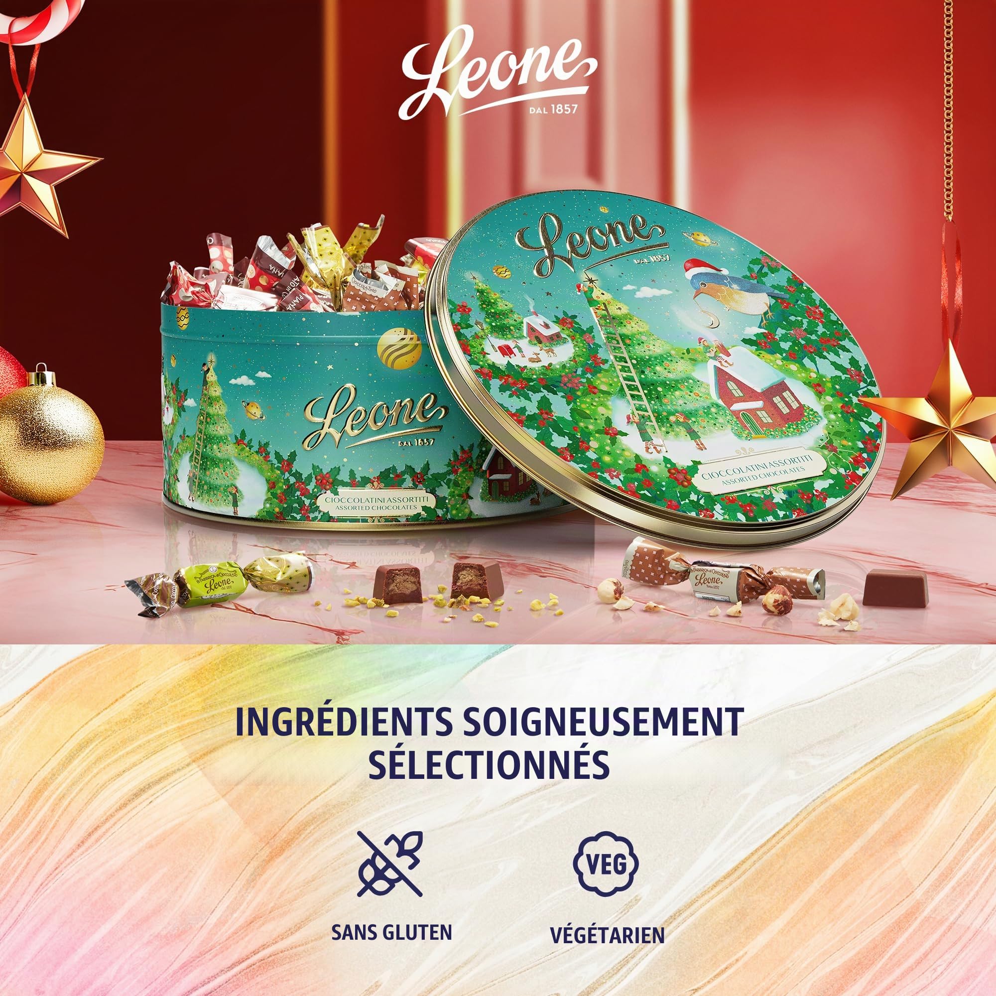 Leone 1857 - Boîte à Chapeau Leone - Chocolats Assortis - Idée Cadeau Gourmet Sans Gluten - 1 Boîte de 450g - Écrins Doux Enchantés - Noël