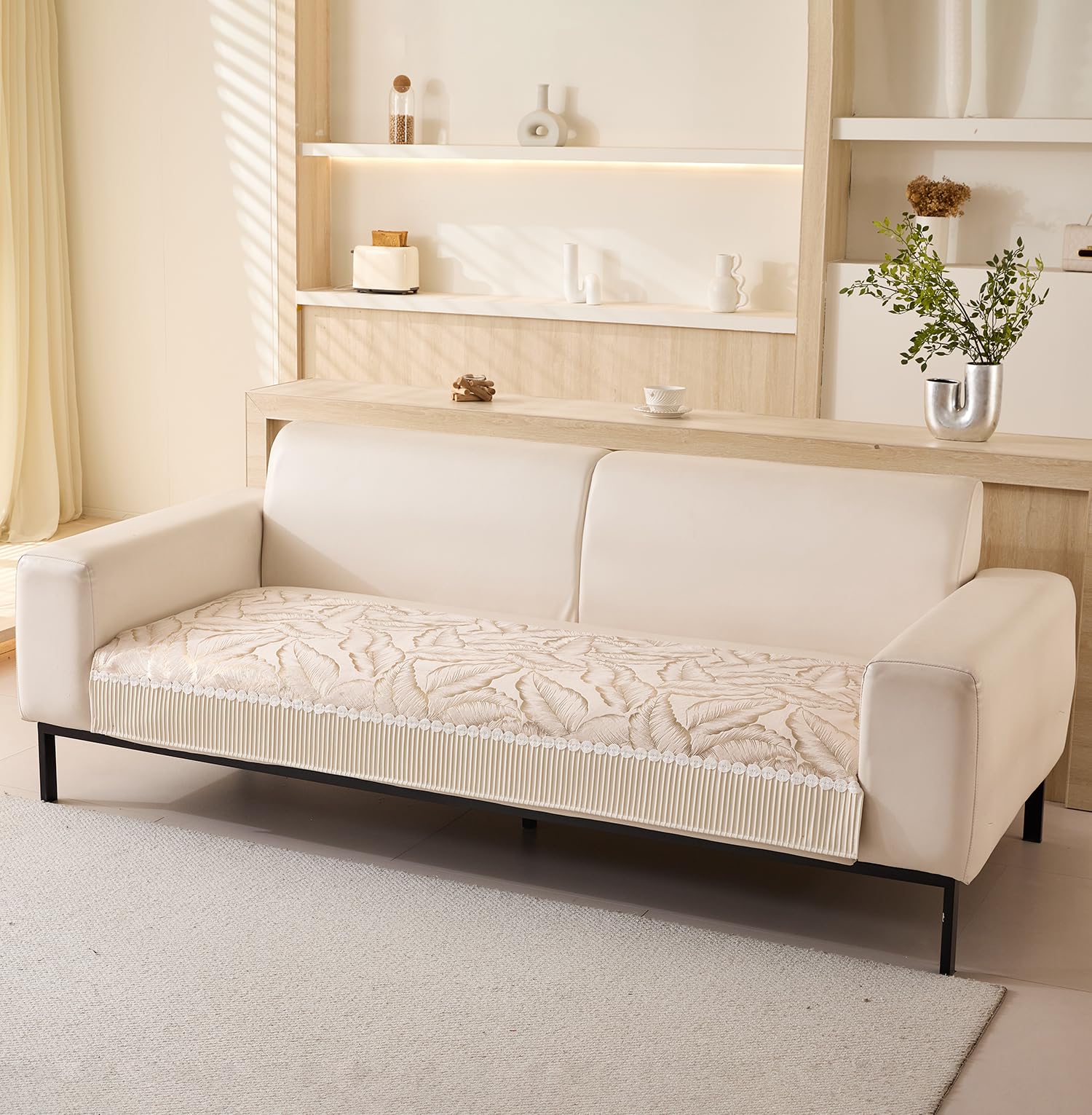 House of Quirk Sofa Cover Mat Leaf Pattern Chenille Fabric Seater Sofa Slipcover Anti-Slip Stretch Seat Pad from Pets Replacement Protector (Four Seater, Beige Gold, 90x200cm)-image-6