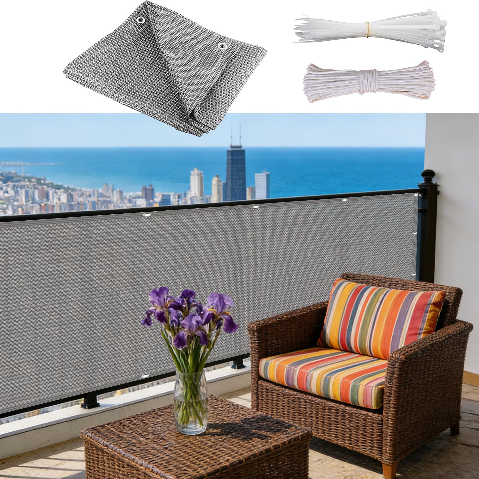 Brise vue balcon 160x280 cm en HDPE 220g/m² gris avec attaches