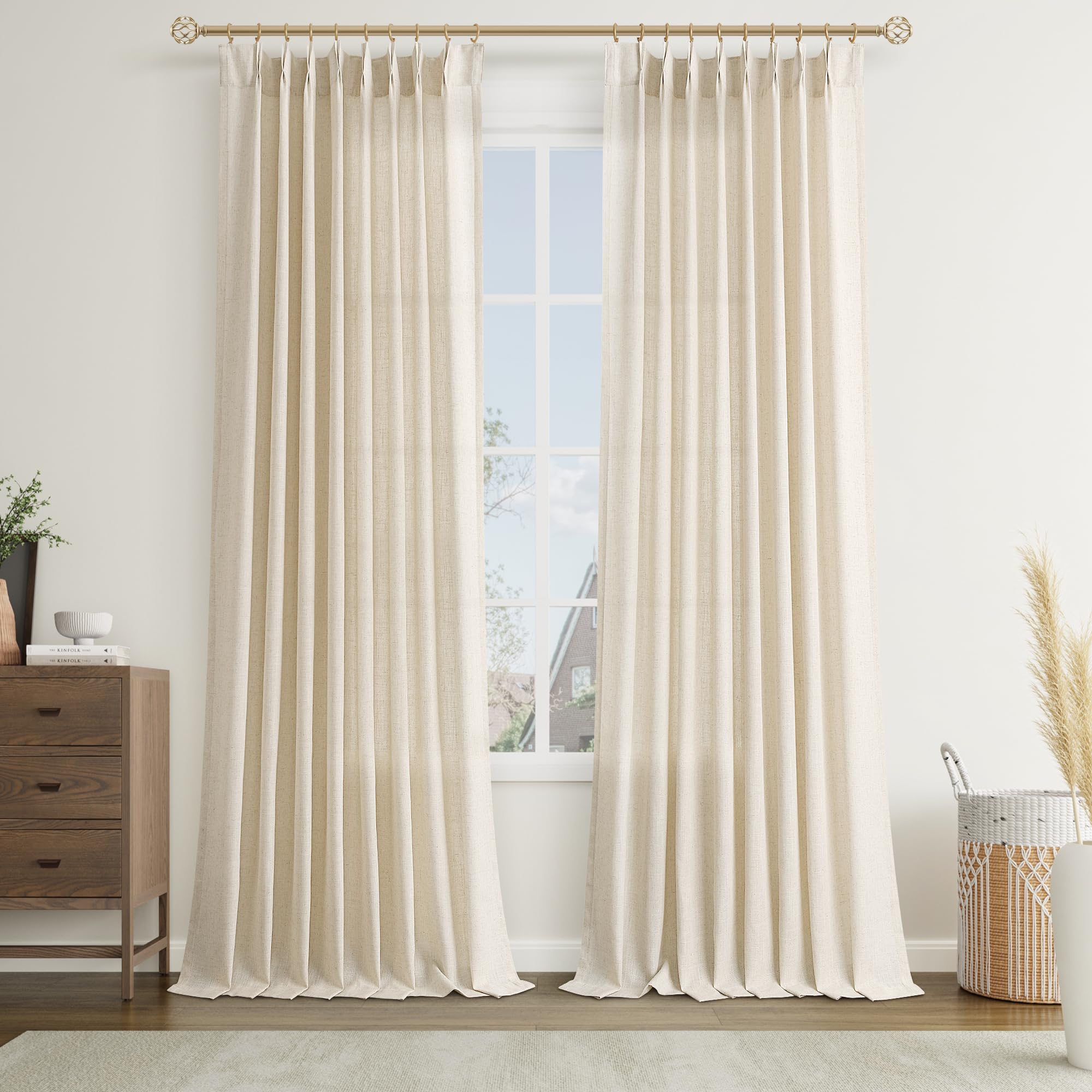 joywell linen pinch pleated curtains 126 inches extra long,back tab window textured modern semi sheer lightweight drapes with hooks for kids boys bedroom living room,w50 x l126,linen,2 panels