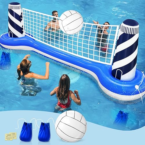 Juego de red inflable grande de voleibol con pelota de playa de 19 pulgadas, 2 bolsas de peso, diseño de casa ligera, juguetes de piscina para