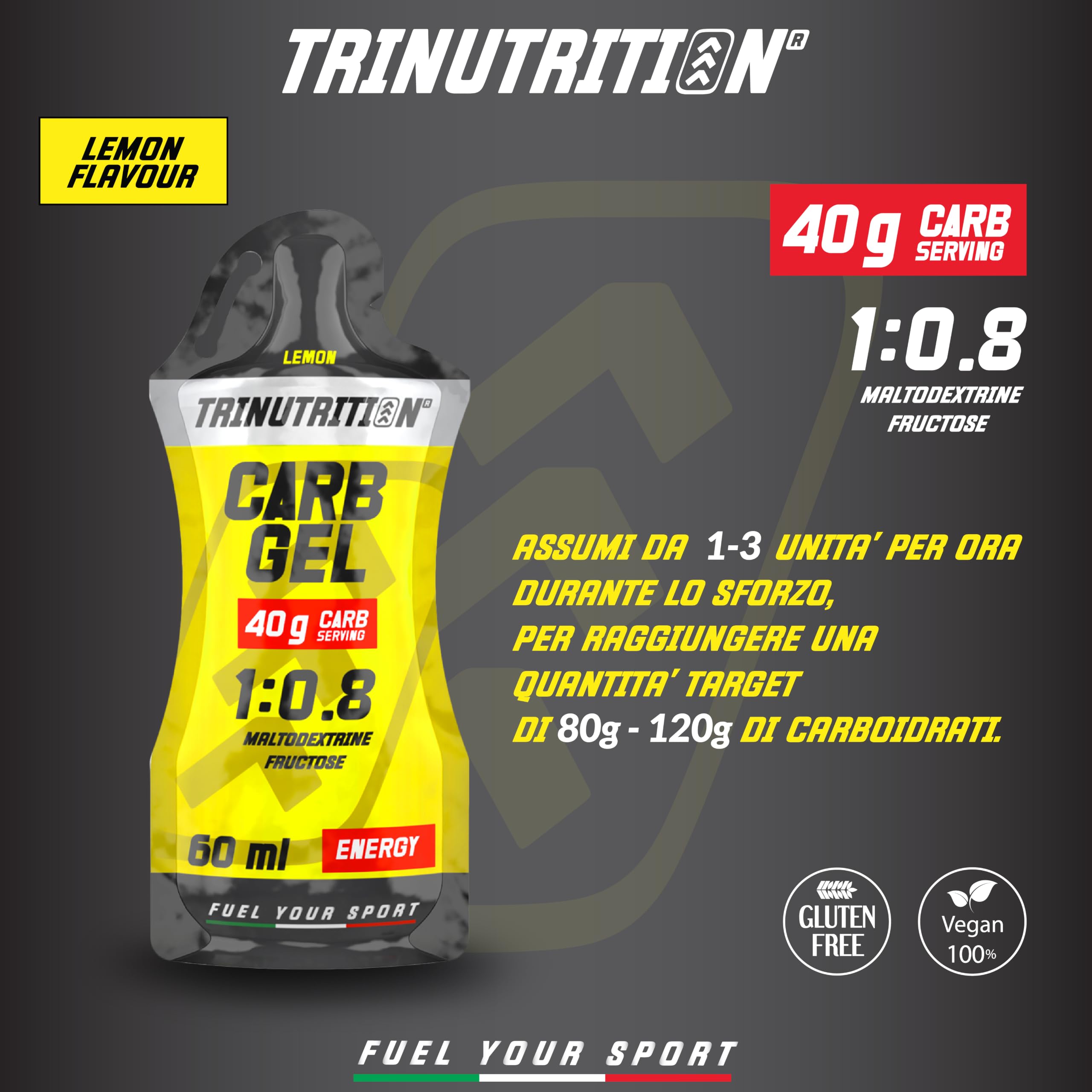 CARB GEL, Gel energetico, 15 x 60ml, 40g di Carboidrati, rapporto 1:0,8 con Maltodestrine e Fruttosio, Gusto Lemon, Gel per ciclismo corsa endurance, Senza Glutine, Vegan