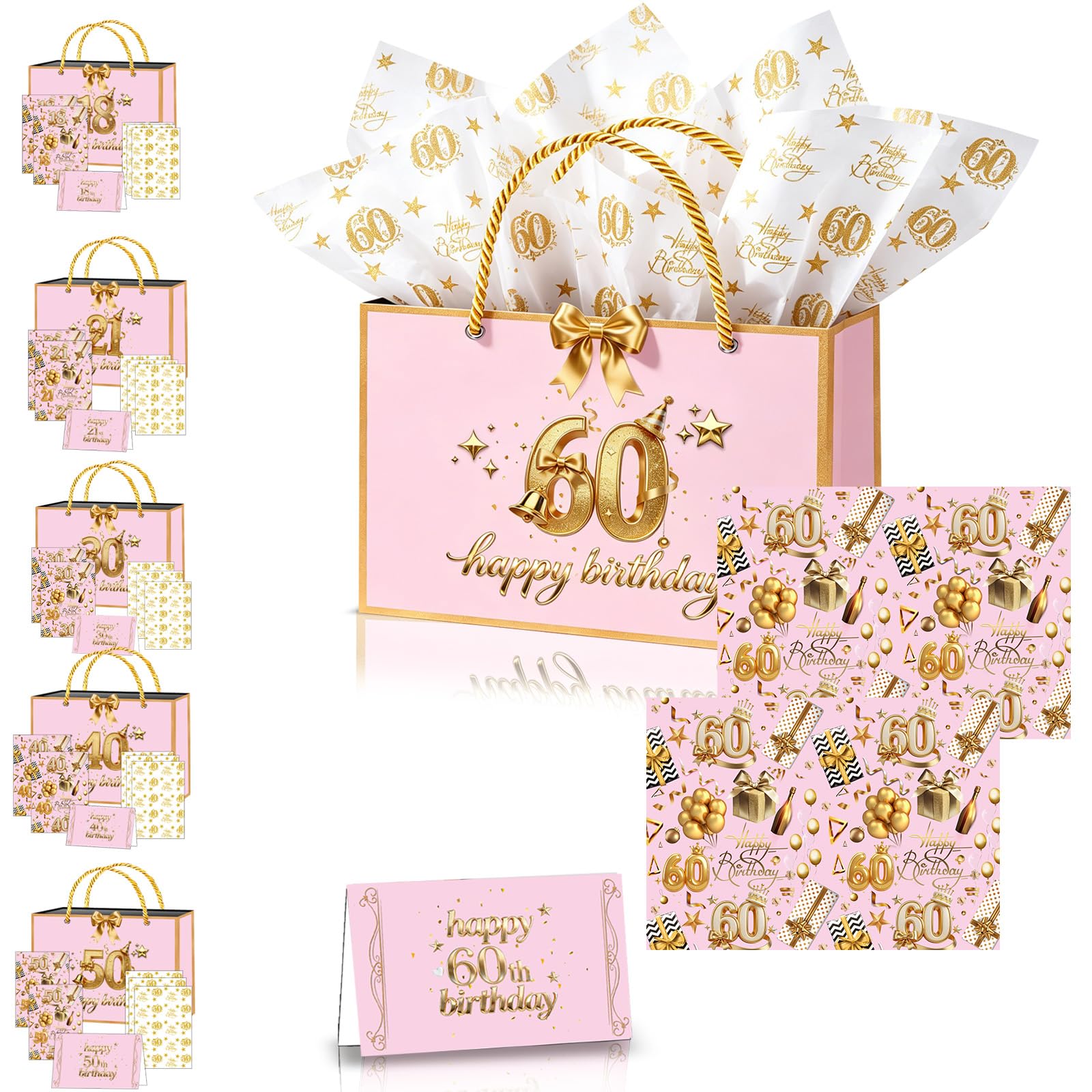 60th Birthday Gift Bag for Women,11×8×4" Pink Gold Woman 60th Gift Bag with 60th Birthday Wrapping Paper Tissue Paper Sheets Card and Ribbon for Ladies Her Female 60th Birthdays Present Decorations