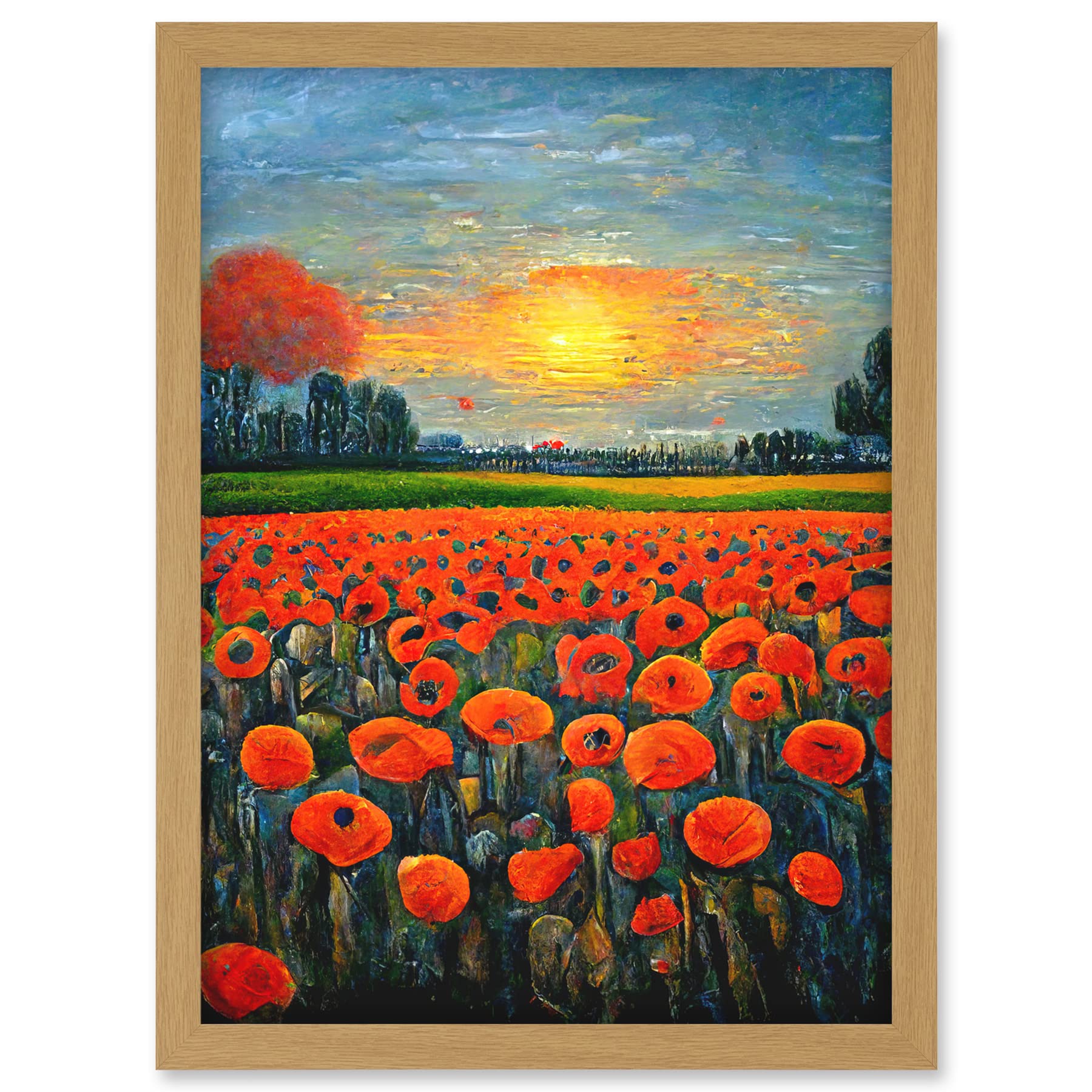 Doppelganger33 LTD Flanders Field At Sunset Expressionism Oil Paint Poppy Flowers Artwork Framed A3 Wall Art Print