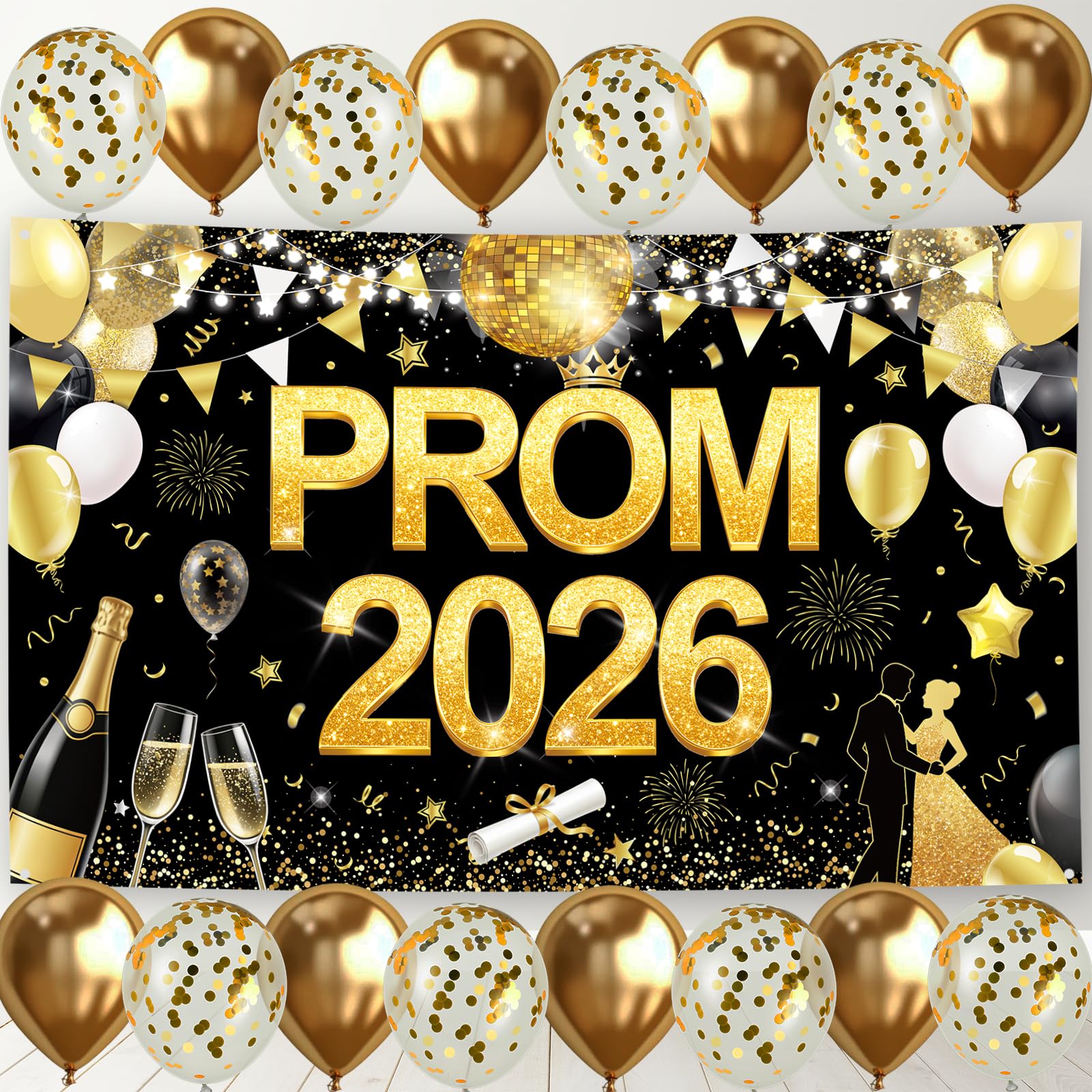 JoyAura Black Gold Prom Banner, 180 * 110cm Prom Decorations 2026 Banner Backdrop, 16 Pcs Sequin and Latex Balloons, Class of 2026 Graduation Party Decor Photography Supplies