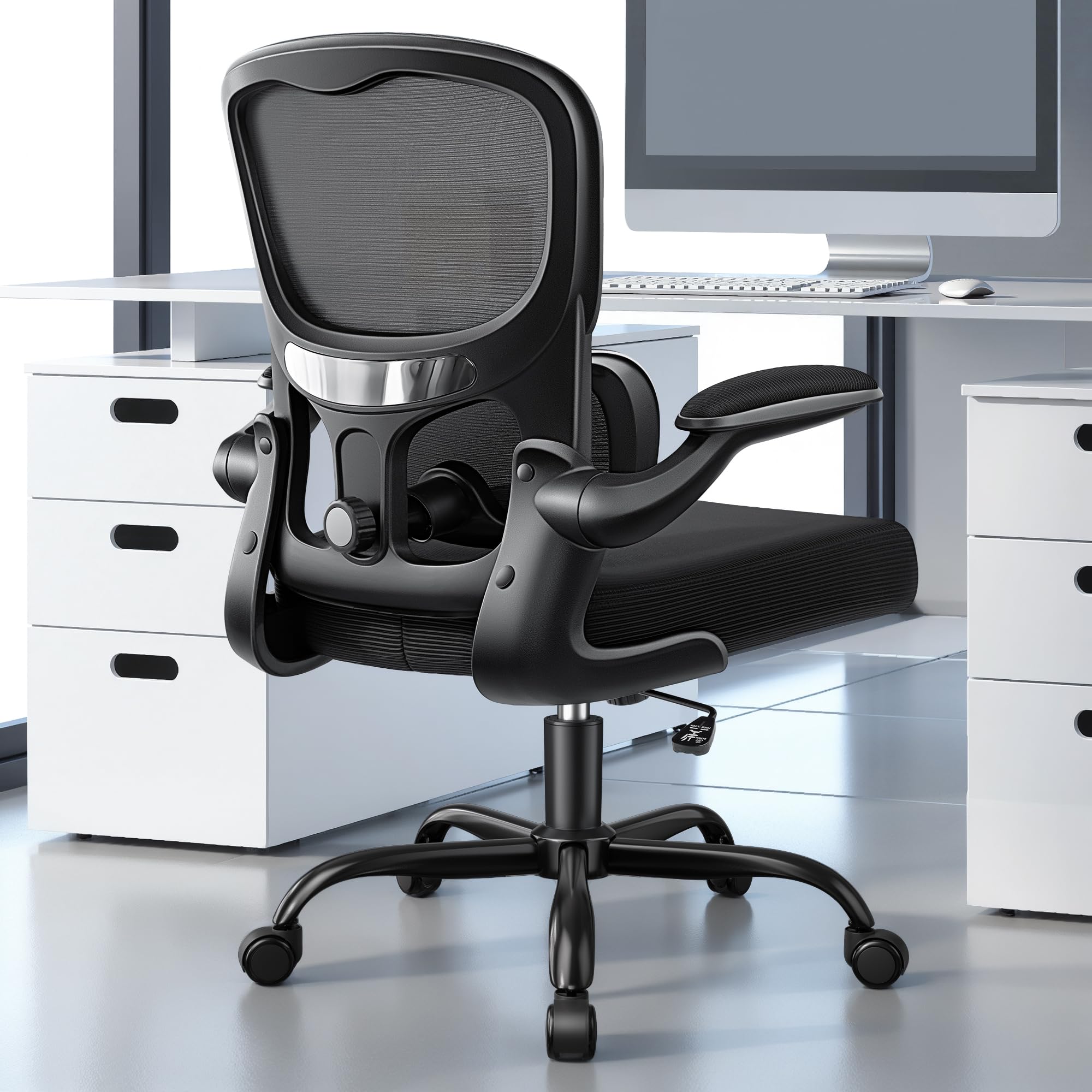 ALLGOD Ergonomic Office Chair, Breathable Mesh Ergonomic Desk Chair with Adjustable Lumbar Support, Flip-up Armrests, Computer Chairs Comfortable for Home, Office, Work, 300lbs, Black Black 1 Pack