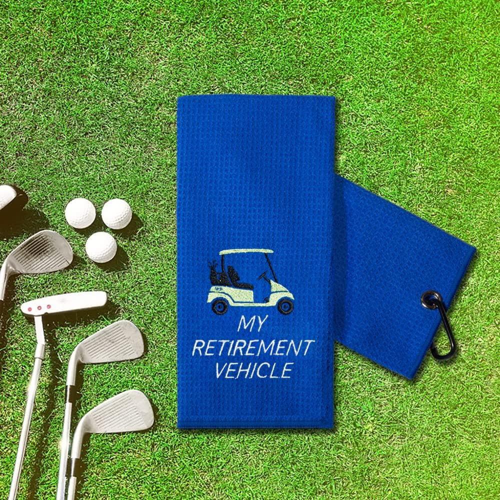review TOUNER Funny Golf Towel Gift for Dad, Retirement Gifts for Men Golfer, Funny Golf Towel for Men, Embroidered Golf Towels for Golf Bags with Clip (My Retirement Vehicle)