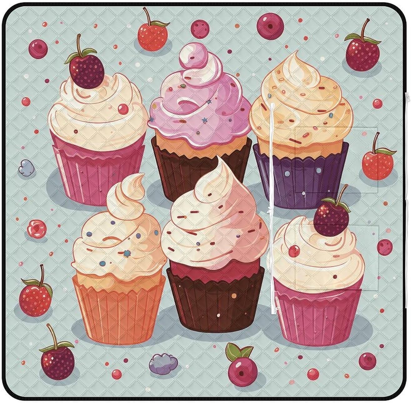 Delicious Cupcakes Picnic Blanket with Zipper Water Resistant Sand Free Picnic Mat Washable Foldable Easy Carry Beach Blanket for Lawn Beach Hiking Camping