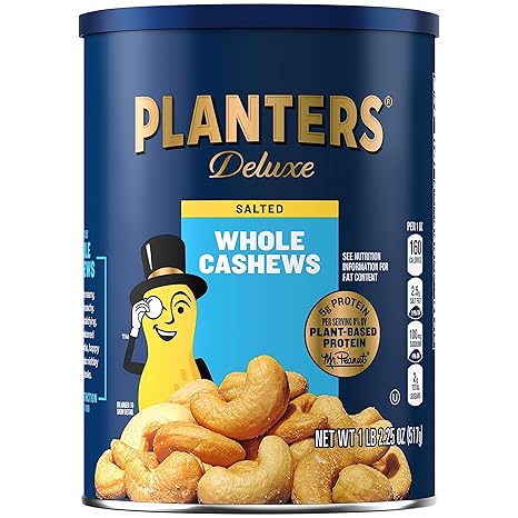 PLANTERS Deluxe Salted Whole Cashews, Party Snacks, Plant-Based Protein, Quick Snack for Adults, After School Snack, Roasted Cashew Flavored with Sea Salt, Bulk Nuts, Kosher, 1 lb 2.25oz Canister