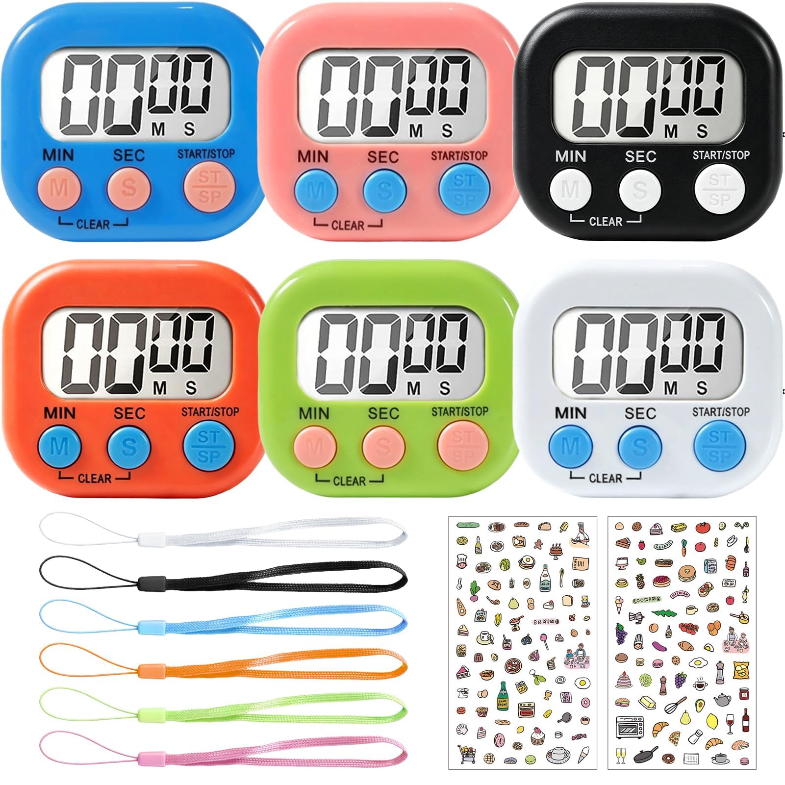 6 PCS Kitchen Timer with Lanyard and Stickers, Digital Countdown Stopwatch Timer, Magnetic Kitchen Timers with Loud Alarm LCD Display for Cooking, Kids, Classroom, Study, Gym