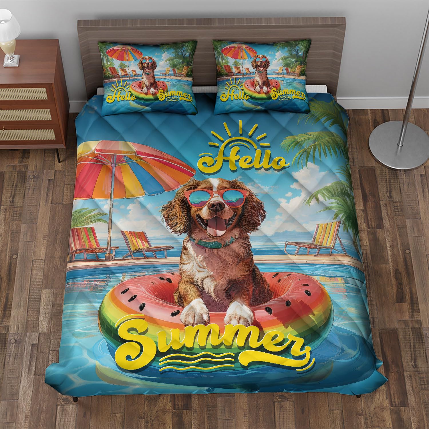 Ninety3POD Hello Summer Boykin Spaniel Pool Day on Watermelon Float Quilt Bedding Set Dog Lover 1 Blanket Bed Cover 2 Pillowcases 008