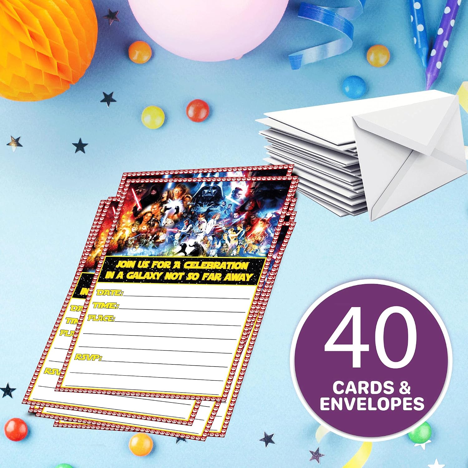 Set of 40 Galactic Adventure-Themed Happy Birthday Invitation Cards & Envelopes – Lightweight (240g), Postcard Style Invites for the Perfect Party Pack