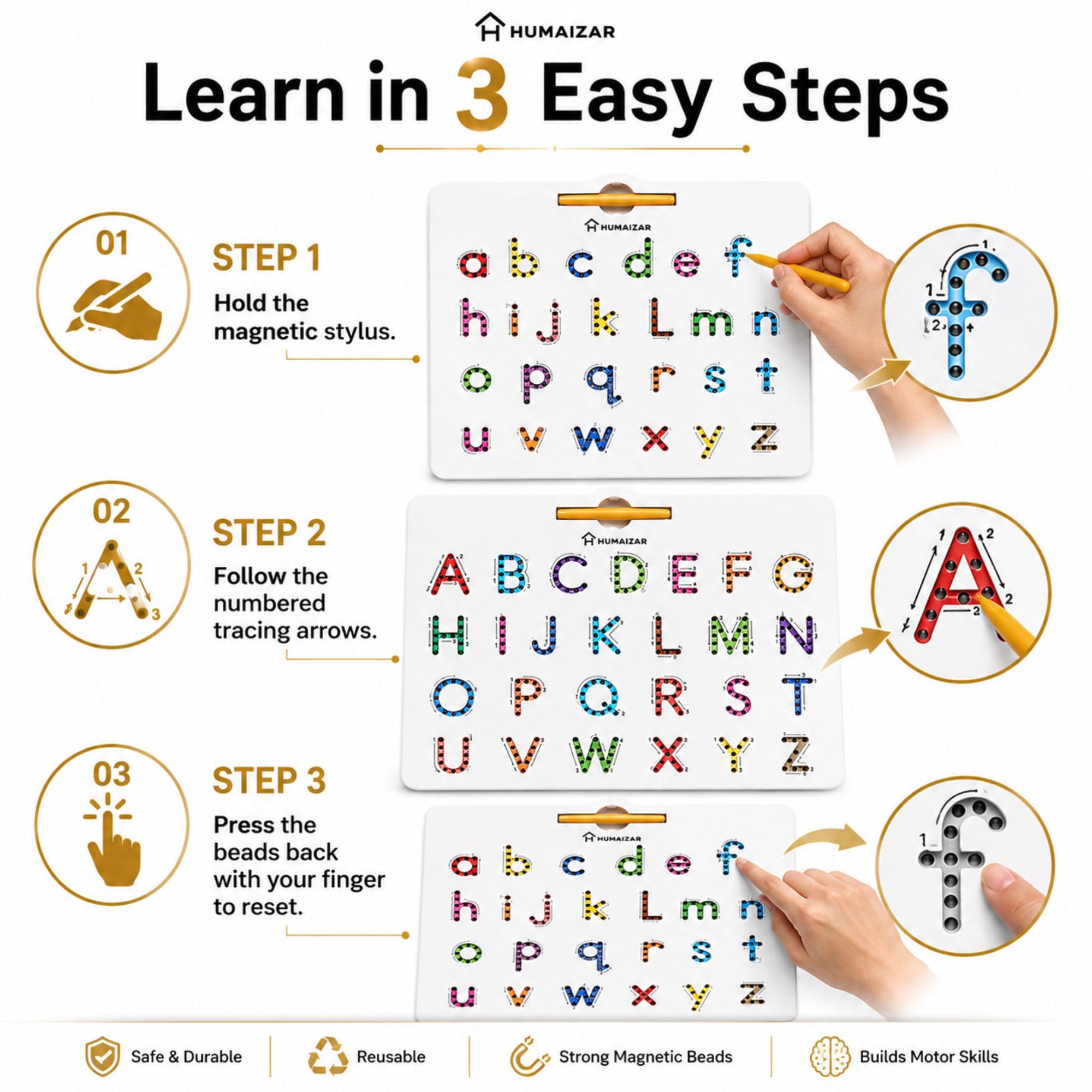 HUMAIZAR Magnetic Alphabet Tracing Board, Double-Sided 2-in-1 Learning & Writing Board, STEM Toy for Toddlers, Letter & Number Tracing Board with Magnet & Stylus Pen, Montessori Educational Toy 3