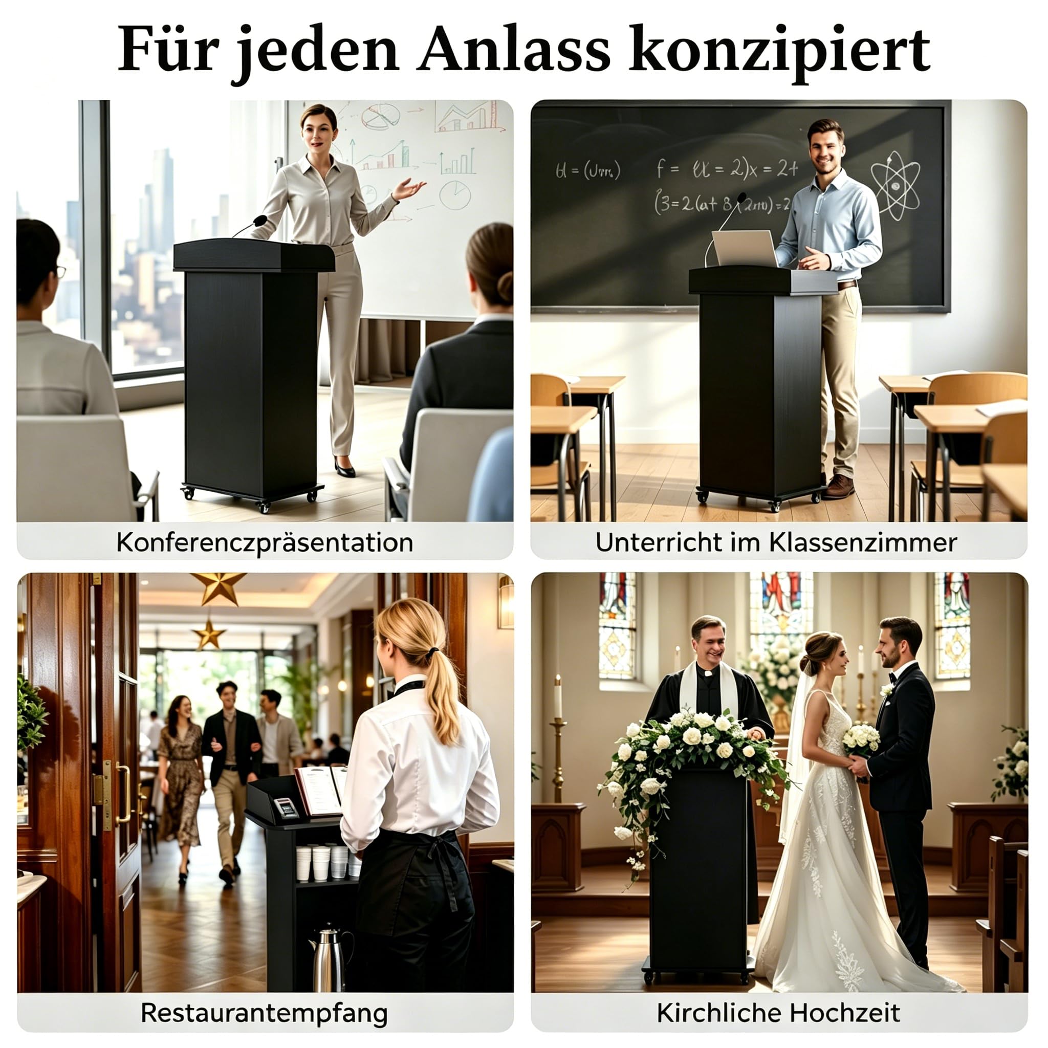 Holz-Rednerpult, Stehpult mit Rollen, mit Laptoptisch Funktion und 3 Ablageflächen, Ideales Rednerpult für Kirchen, Vorträge, Schulen und Seminare (Schwarz)