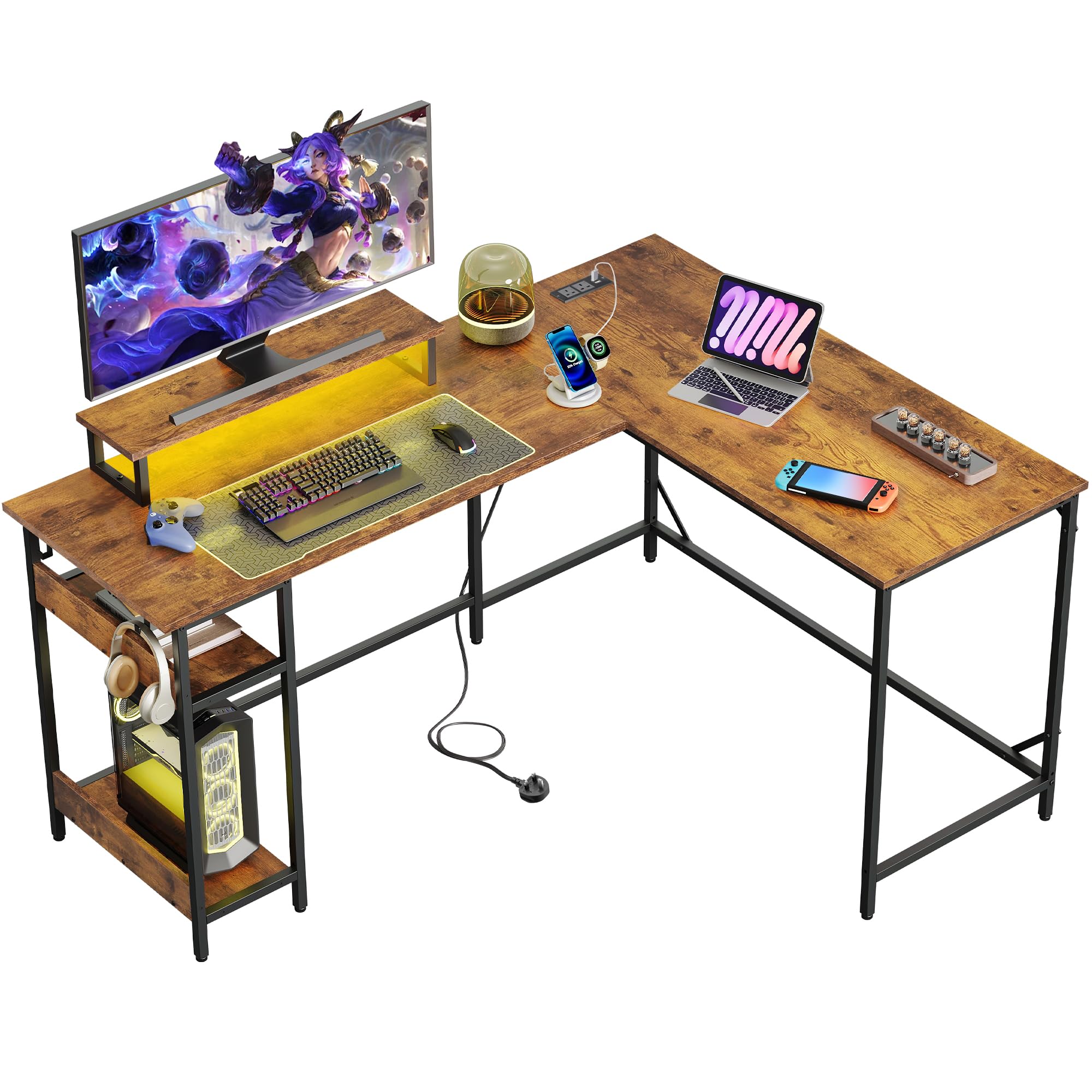 DEVAISE Corner Desk with Drawers, Power USB Charging Outlet, Shelf, Storage L Shaped Desk for Home Office