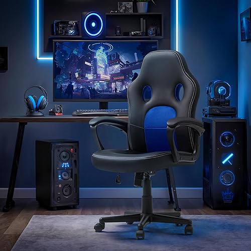 Miniatura 7 de Silla ejecutiva de piel para oficina, sala de conferencias o videojuegos con respaldo alto, ergonómica, ajustable., Cuero, Azul