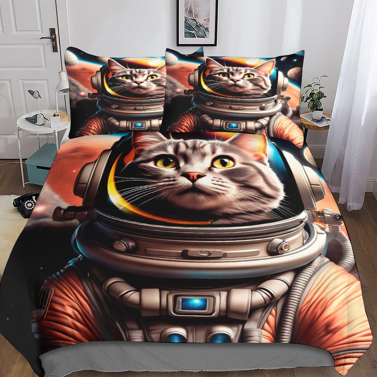 Housse de couette chat astronaute 3D, parure de lit 220x240 avec taies